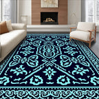 Aqua Floral Symmetrical Pattern Rug