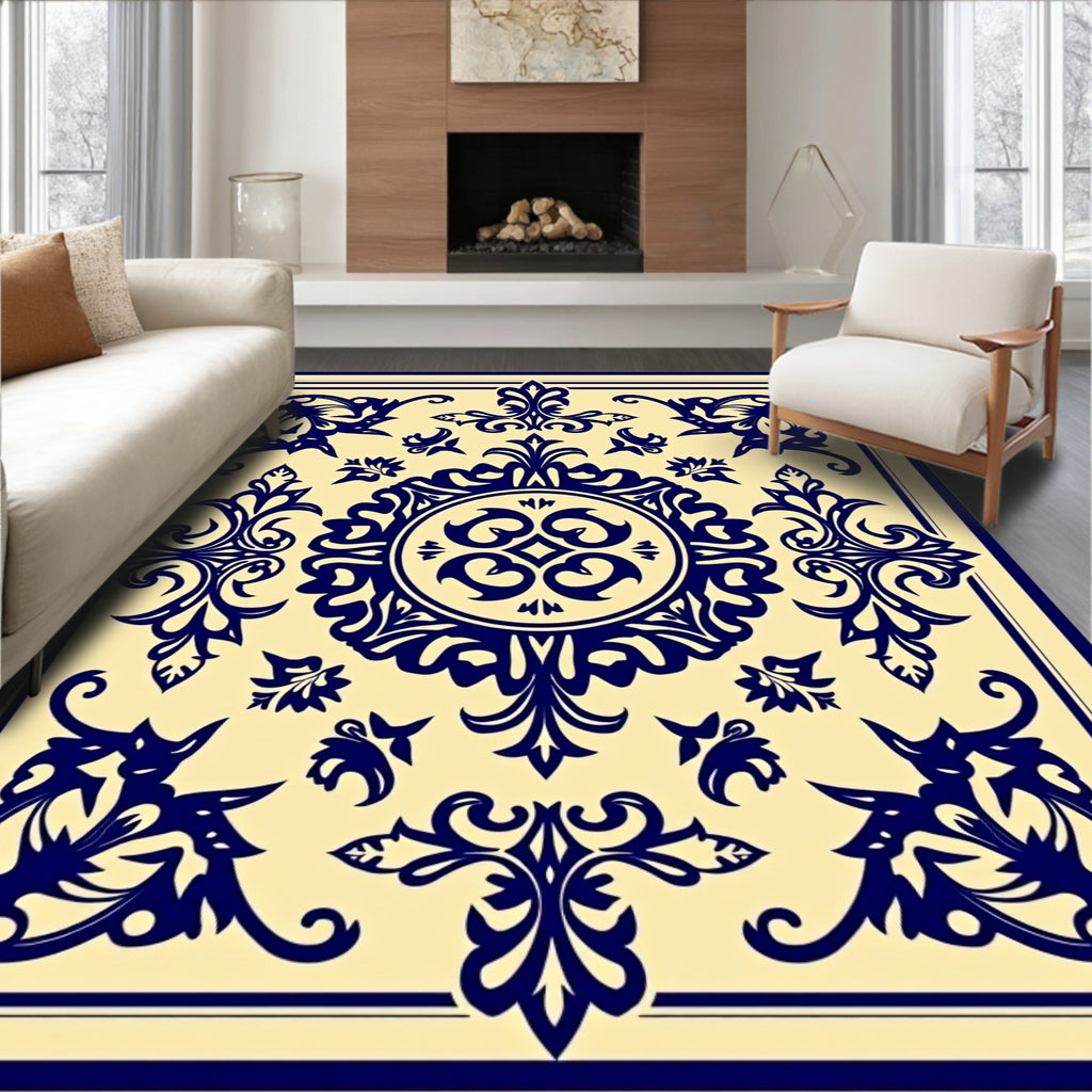 Classic Blue Floral Mandala Design Rug