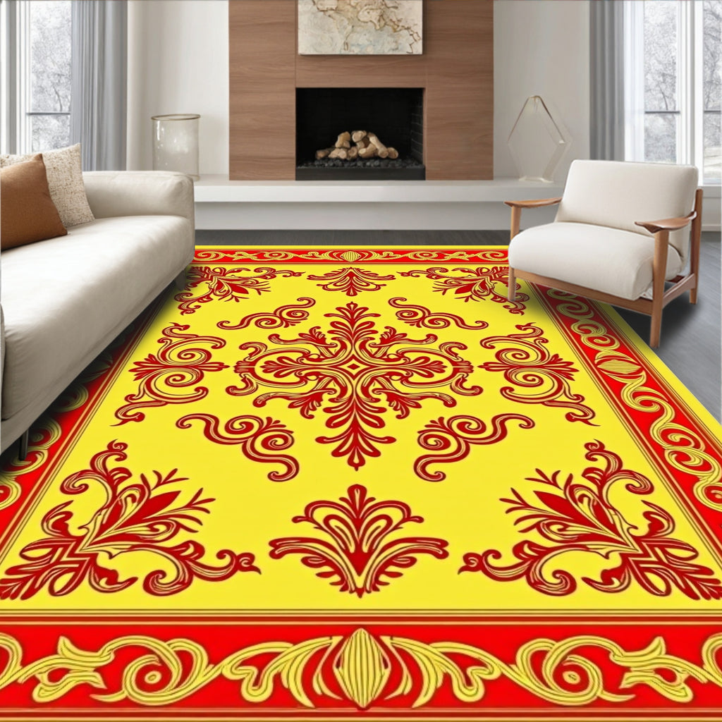 Elegant Red Floral Scroll Pattern Rug