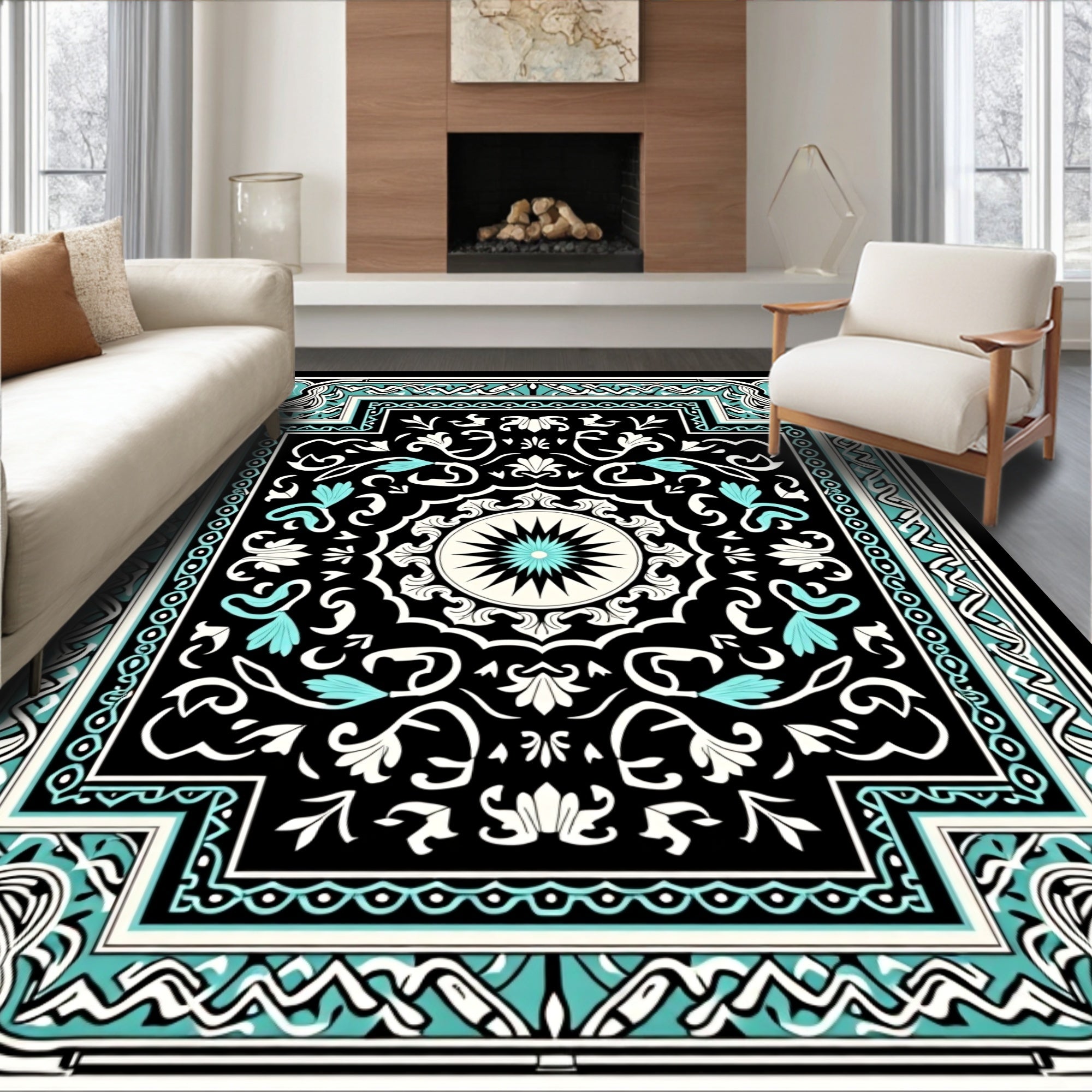 Intricate Turquoise Floral Mandala Design Rug