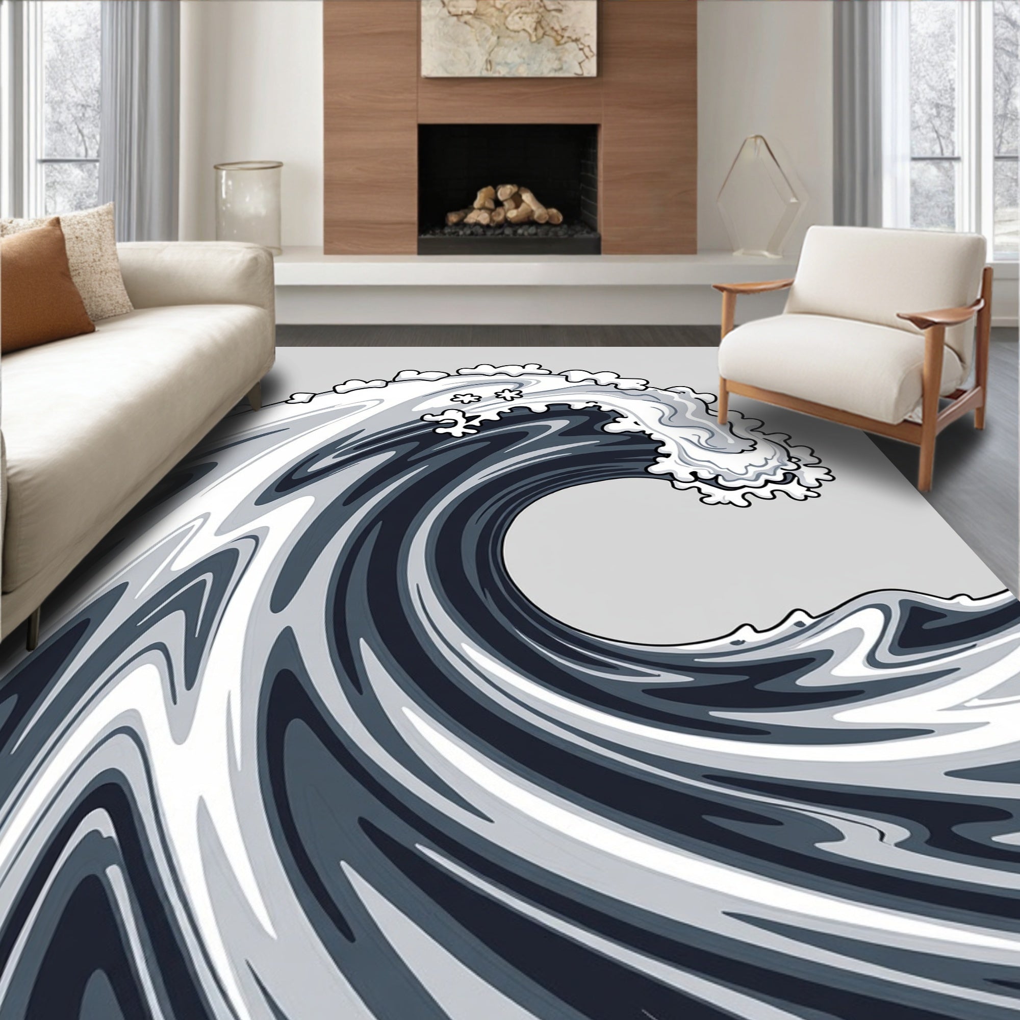 Dynamic Swirling Monochrome Wave Design Rug
