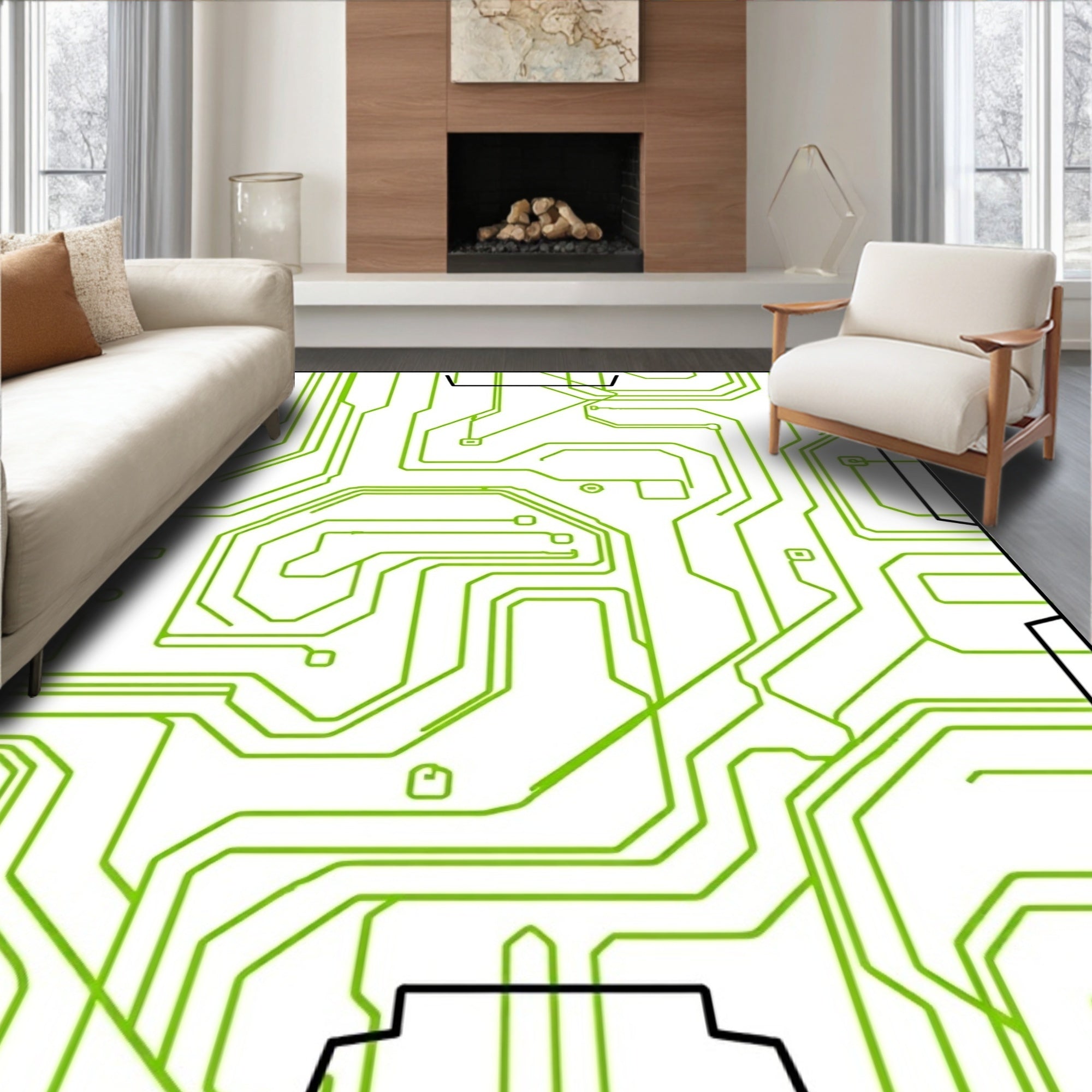 Circuit Board Inspired Green Geometric Pattern Rug