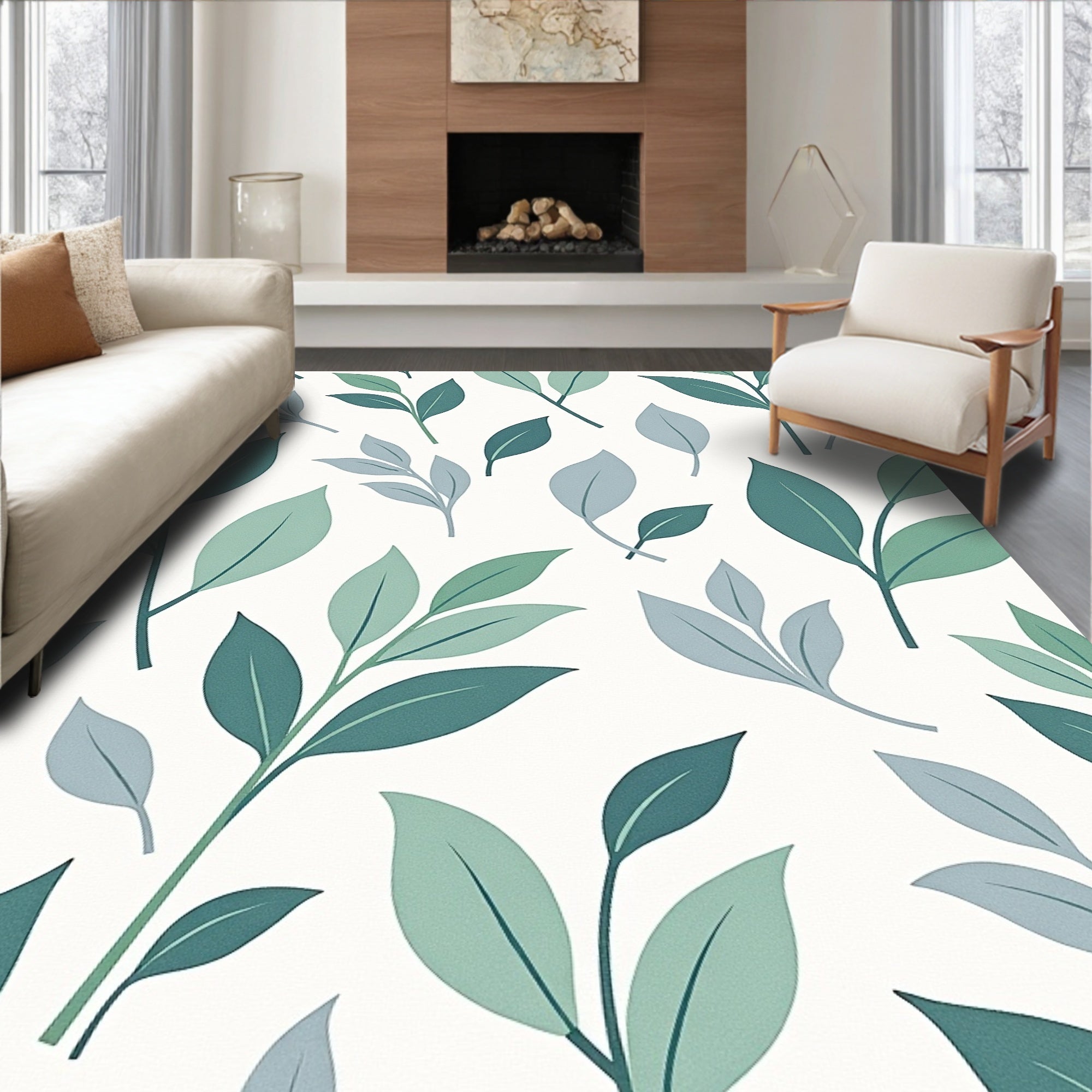 Green Leaf Pattern Modern Rug