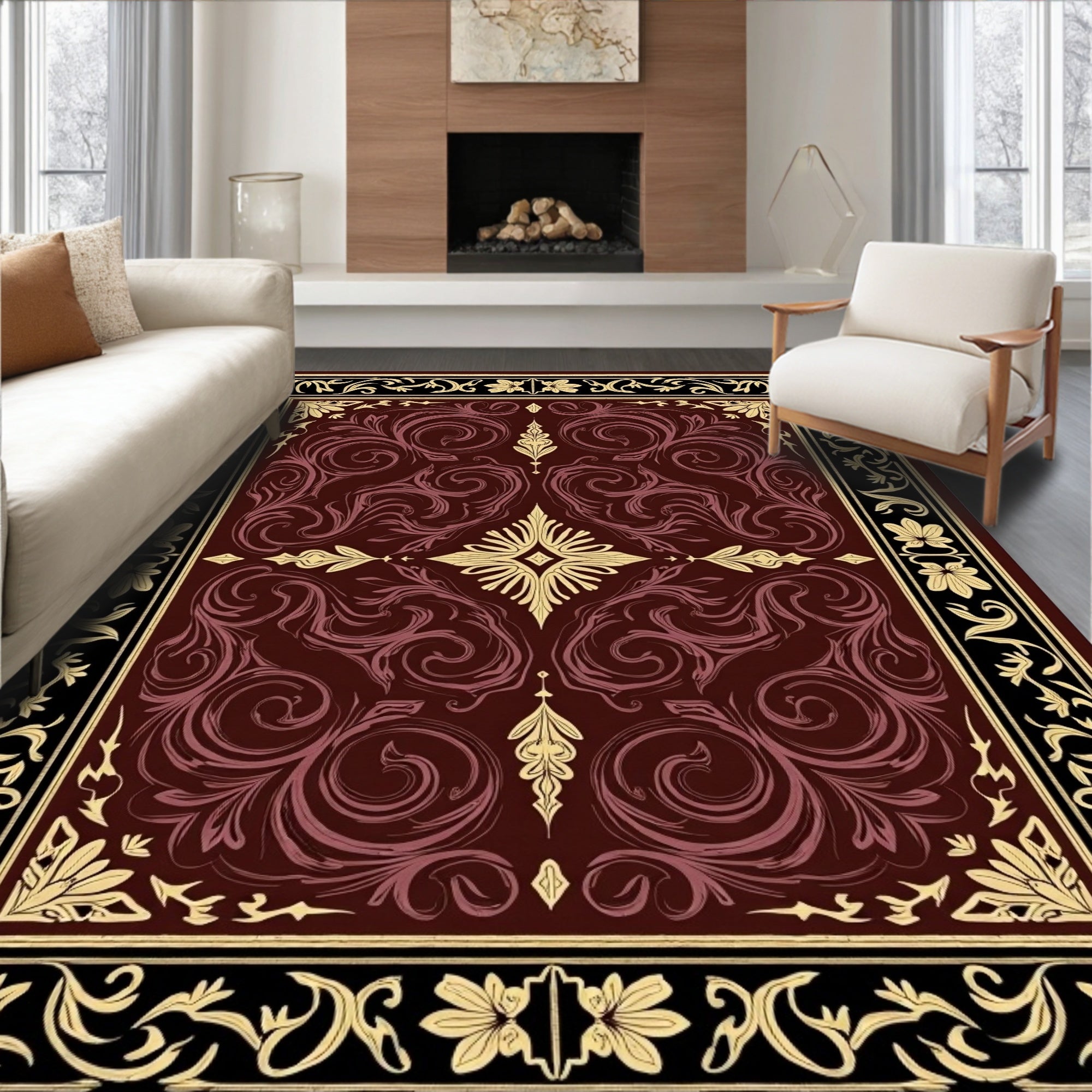 Rich Burgundy Floral Swirl Scrollwork Rug