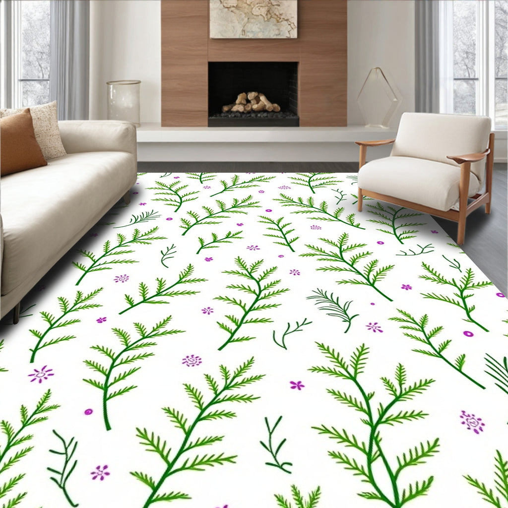 Green Branches With Purple Floral Accents Rug
