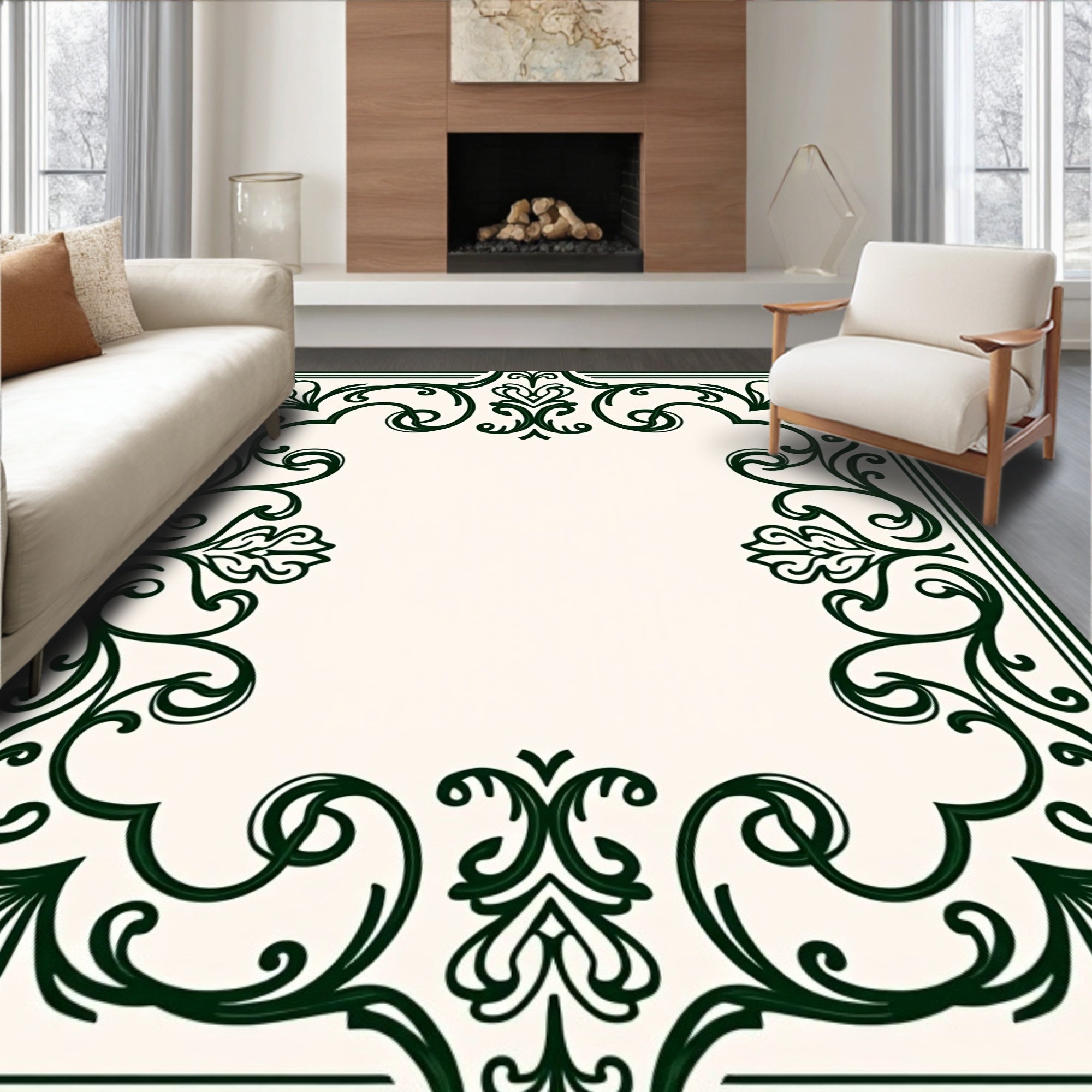 Elegant Green Scrollwork Frame Rug
