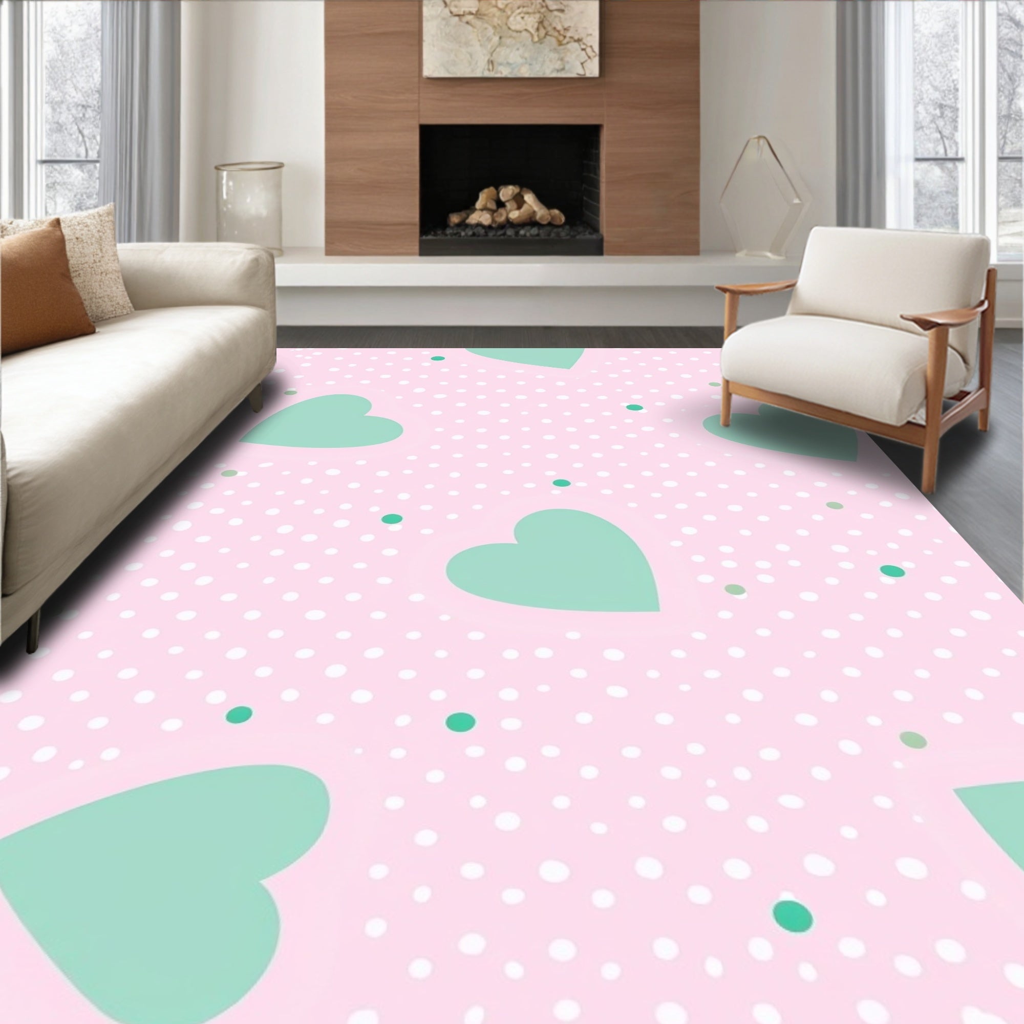 Sweet Mint Heart Polka Dot Pattern Rug
