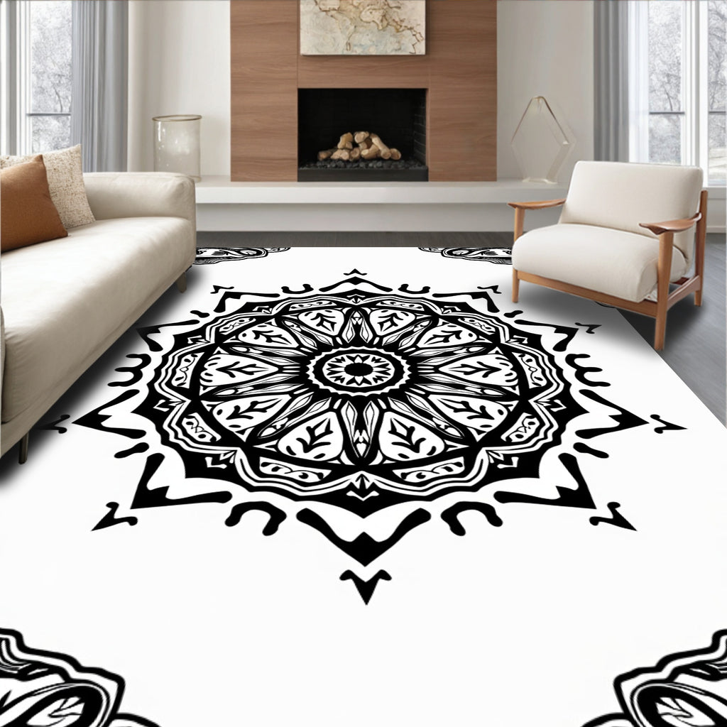Black White Intricate Mandala Design Rug