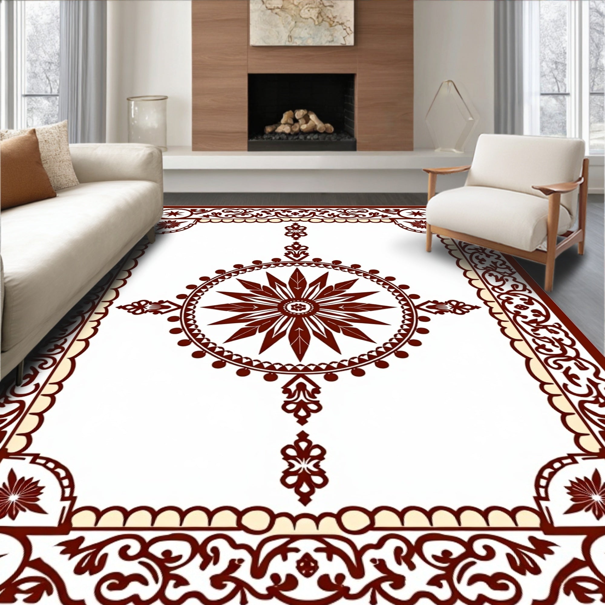 Ornate Starburst Medallion Border Design Rug