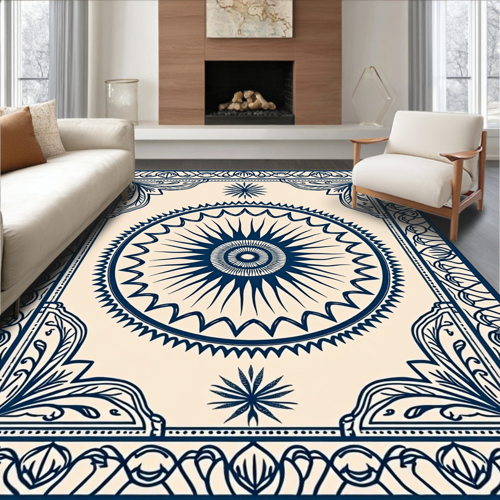Navy and Cream Sunburst Medallion Rug