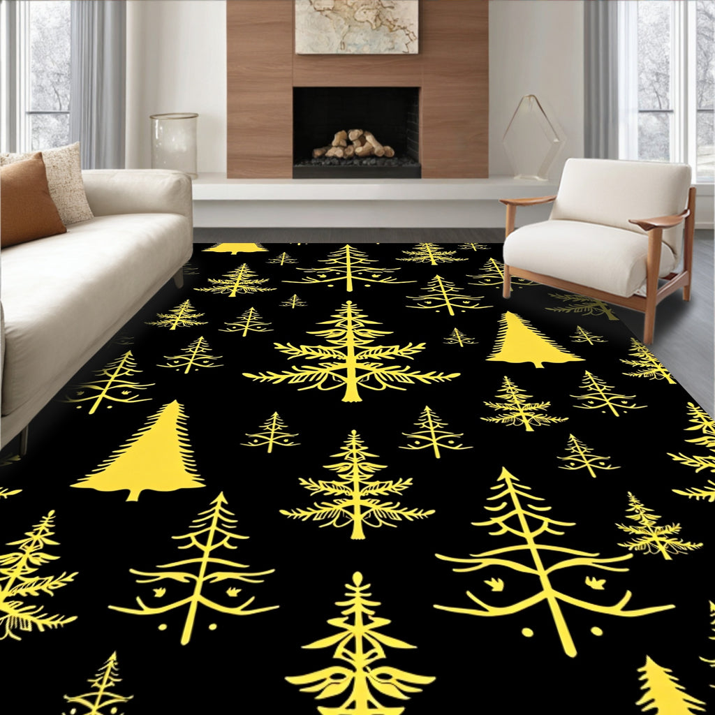 Golden Christmas Trees Scattered Black Rug