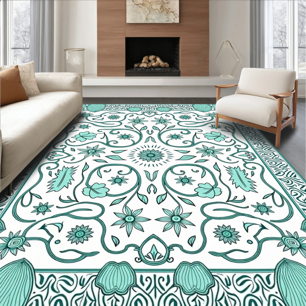 Aqua Floral Vine Medallion Design Rug