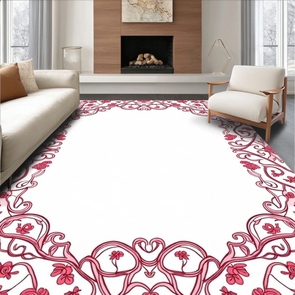 Ornate Floral Scrollwork Pink Pattern Rug