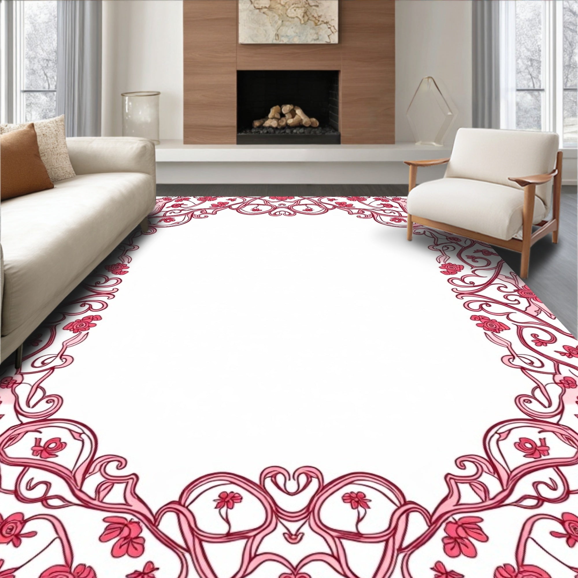 Ornate Floral Scrollwork Pink Pattern Rug