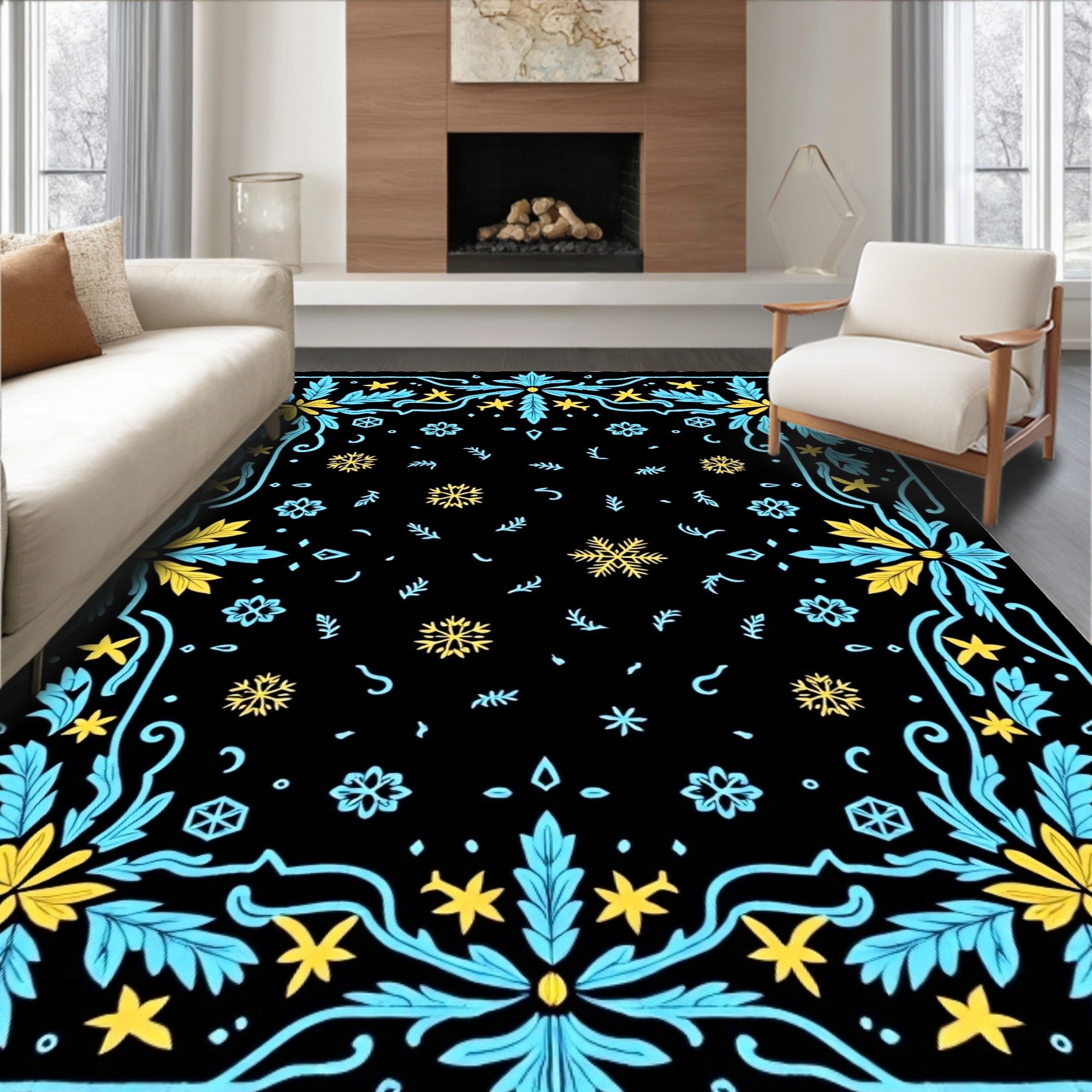 Midnight Blue Yellow Snowflake Garland Rug