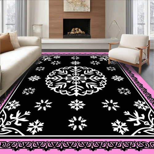 Black Pink Snowflake Medallion Border Rug