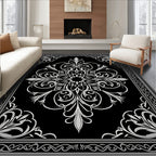 Elegant Black White Floral Scroll Rug