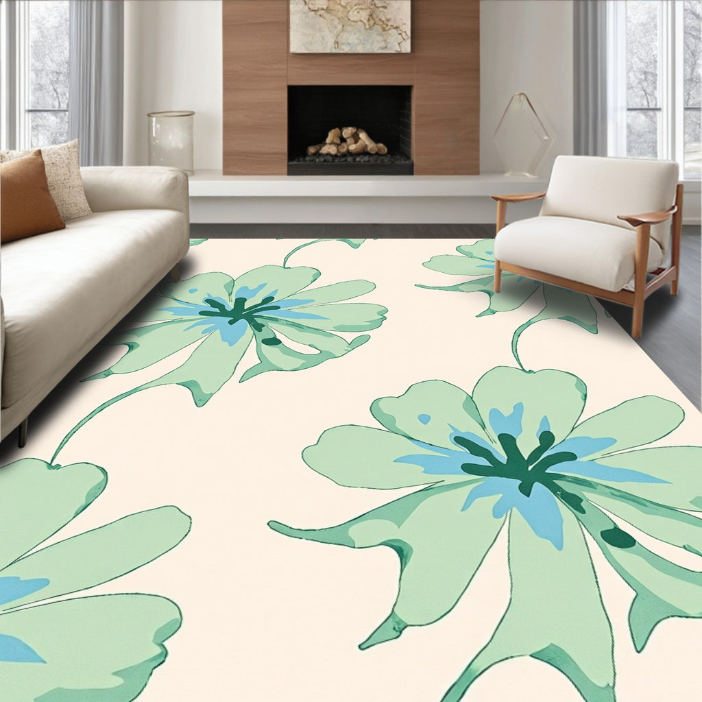 Light Green Blue Floral Print Rug