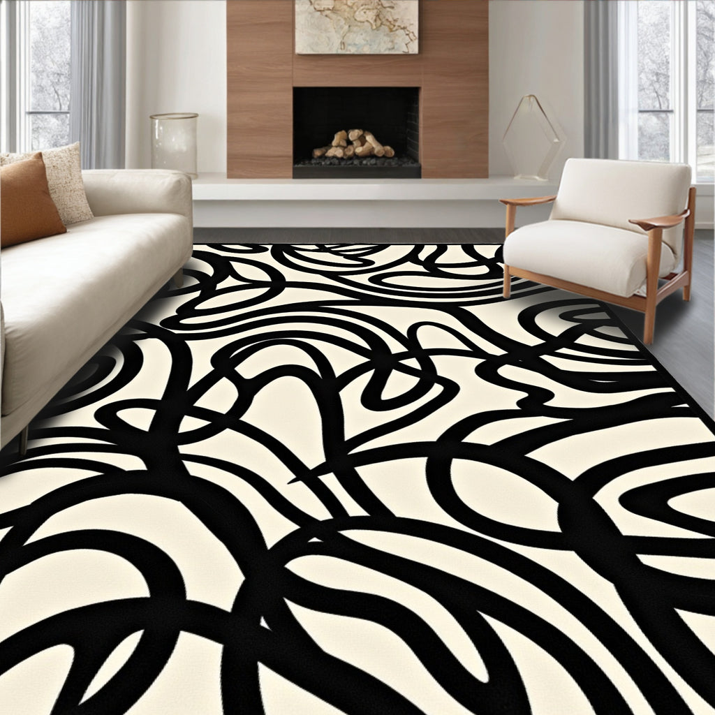 Abstract Swirls Black White Pattern Rug