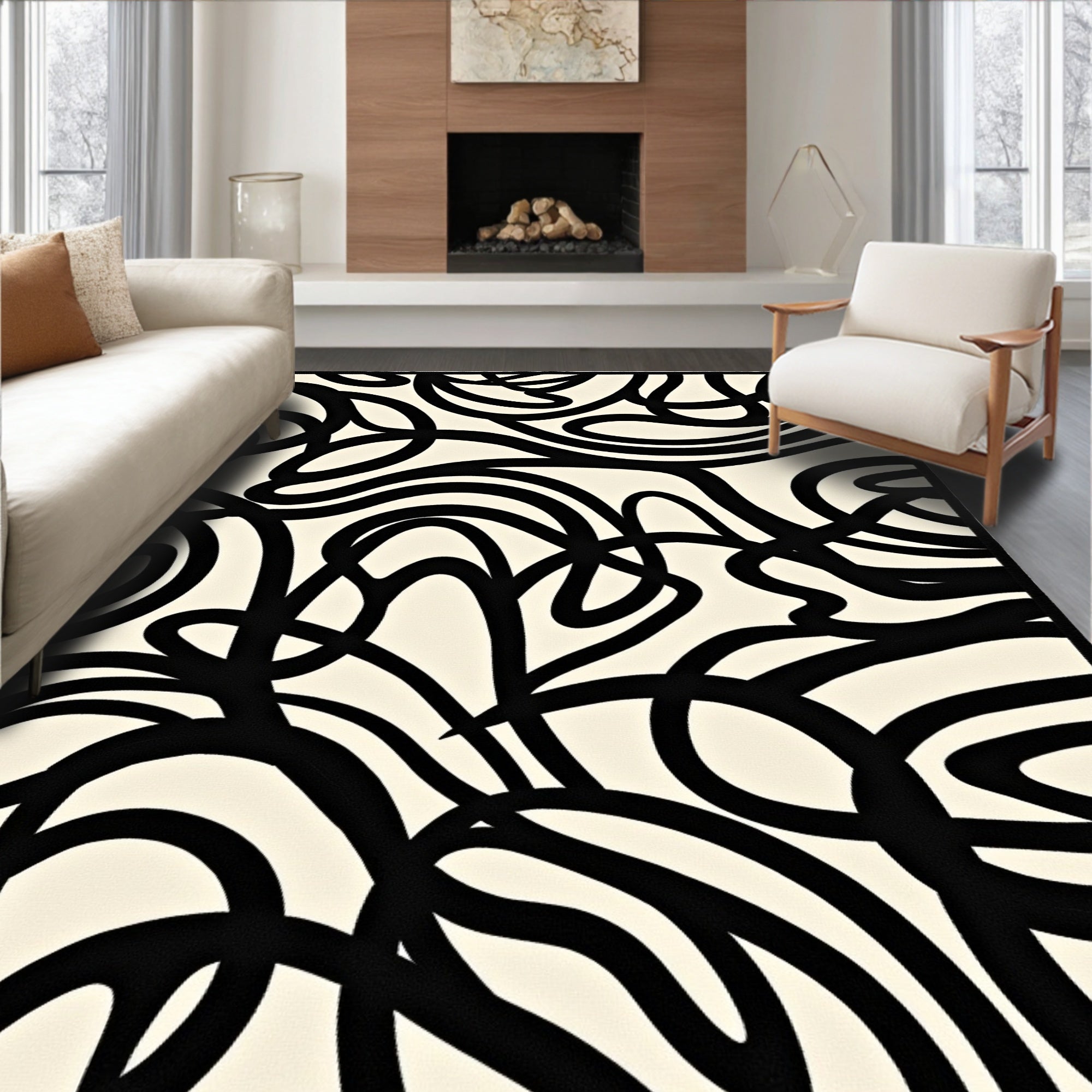 Abstract Swirls Black White Pattern Rug