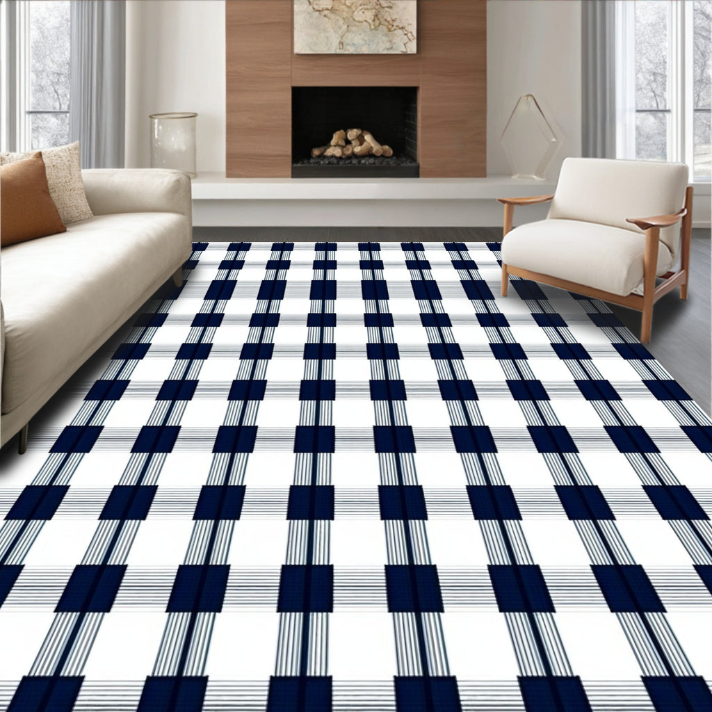 Classic Blue White Plaid Design Rug