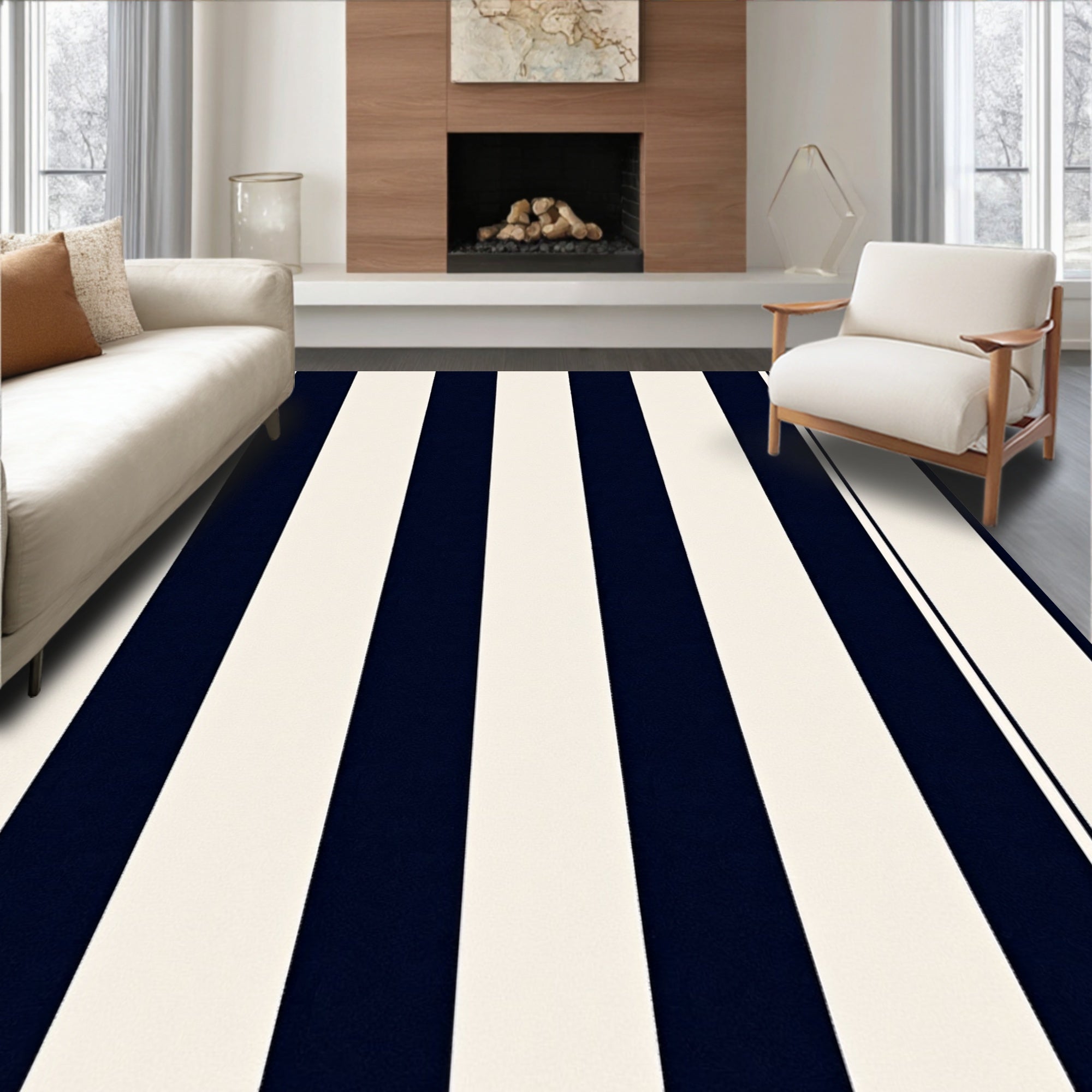 Classic Navy White Stripe Design Rug