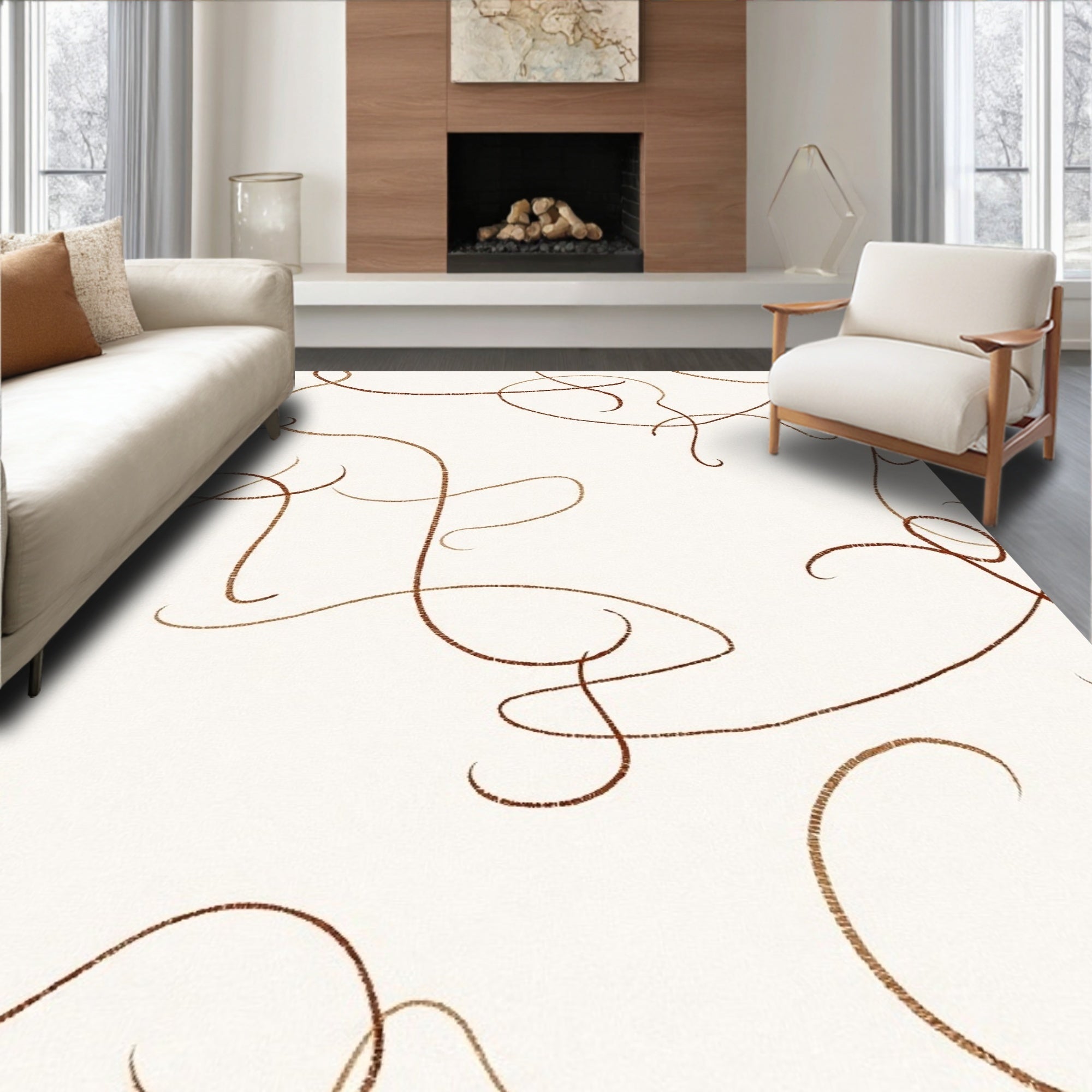 Minimalist Brown Swirl Pattern Rug