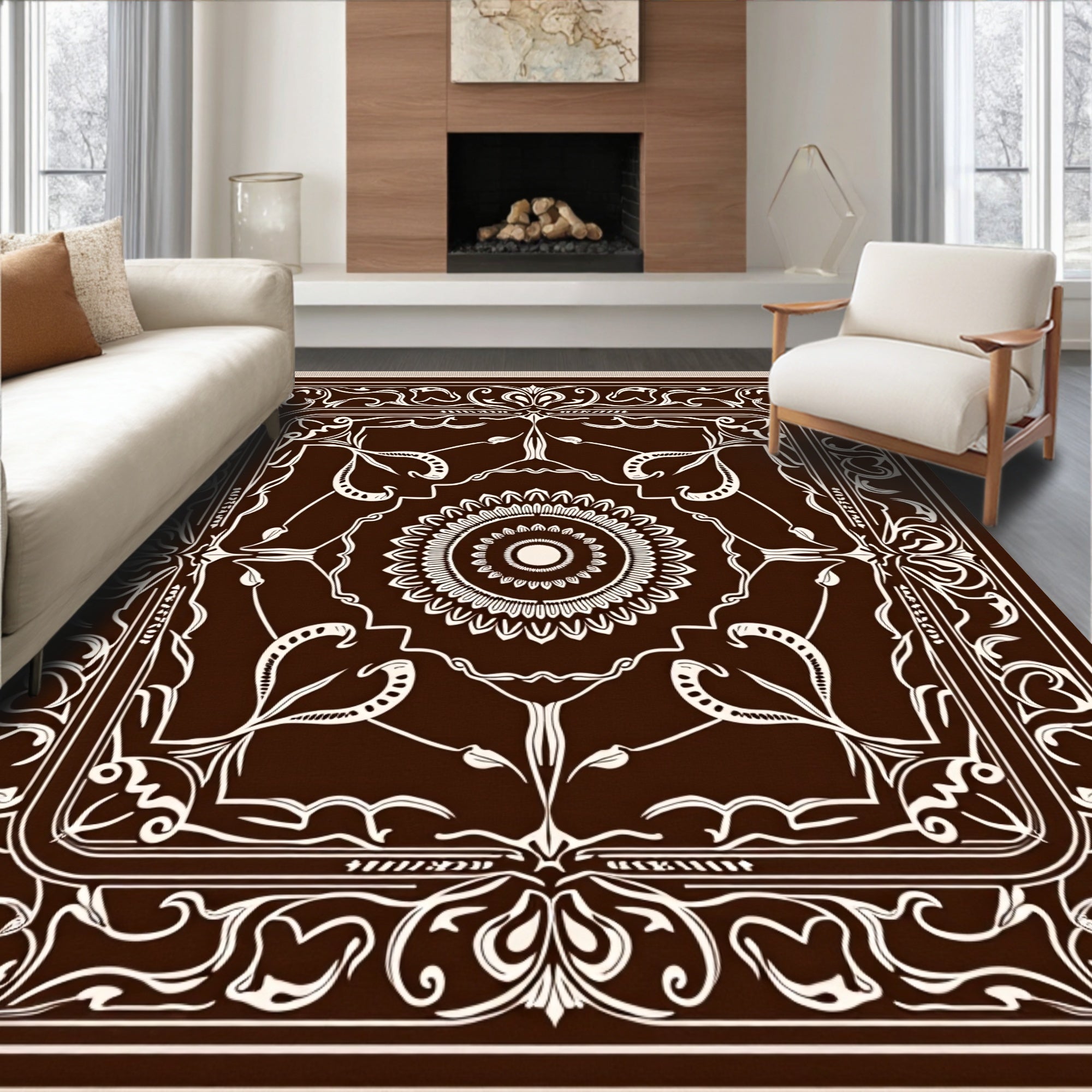 Dark Brown White Floral Mandala Rug