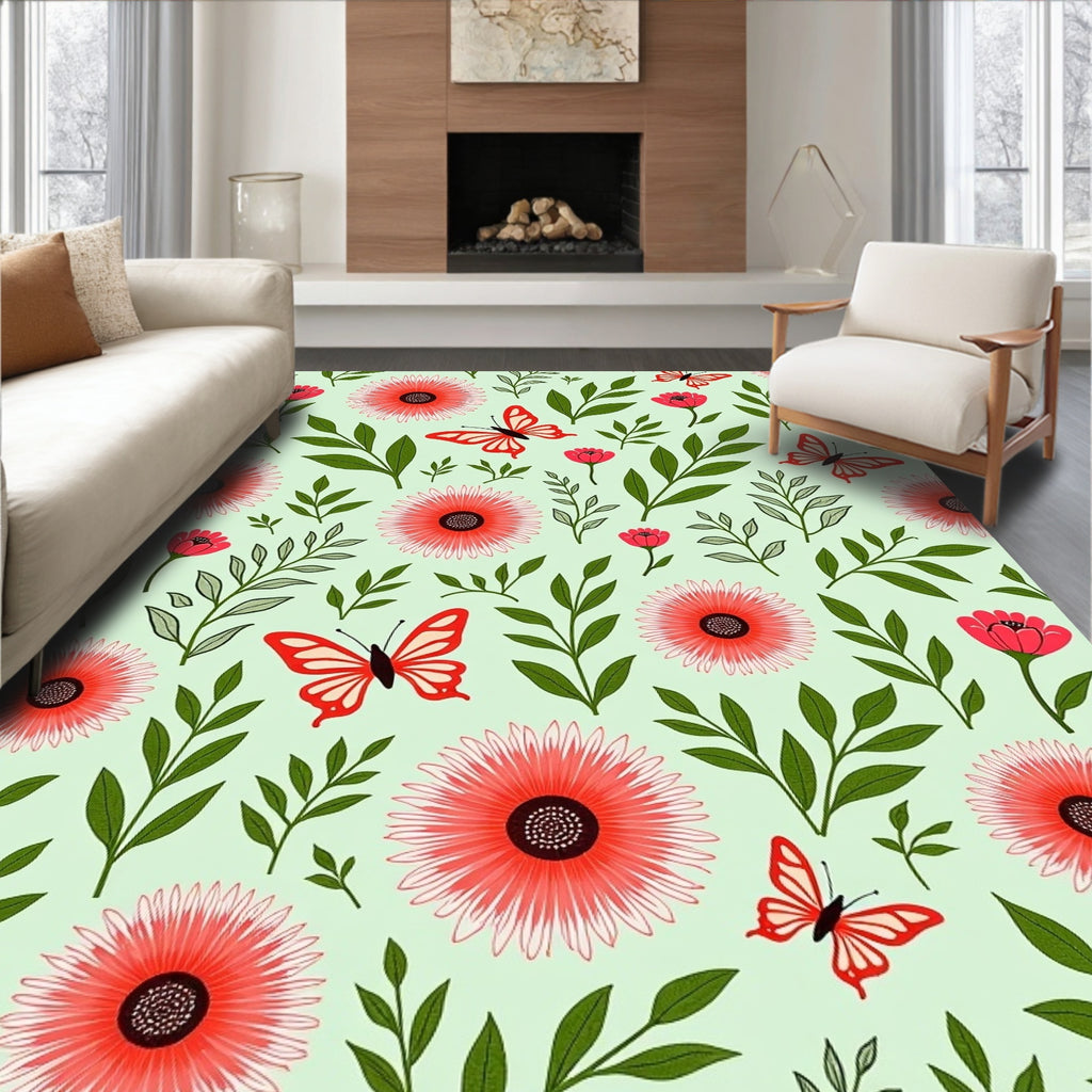 Red Daisy Butterfly Harmony Design Rug