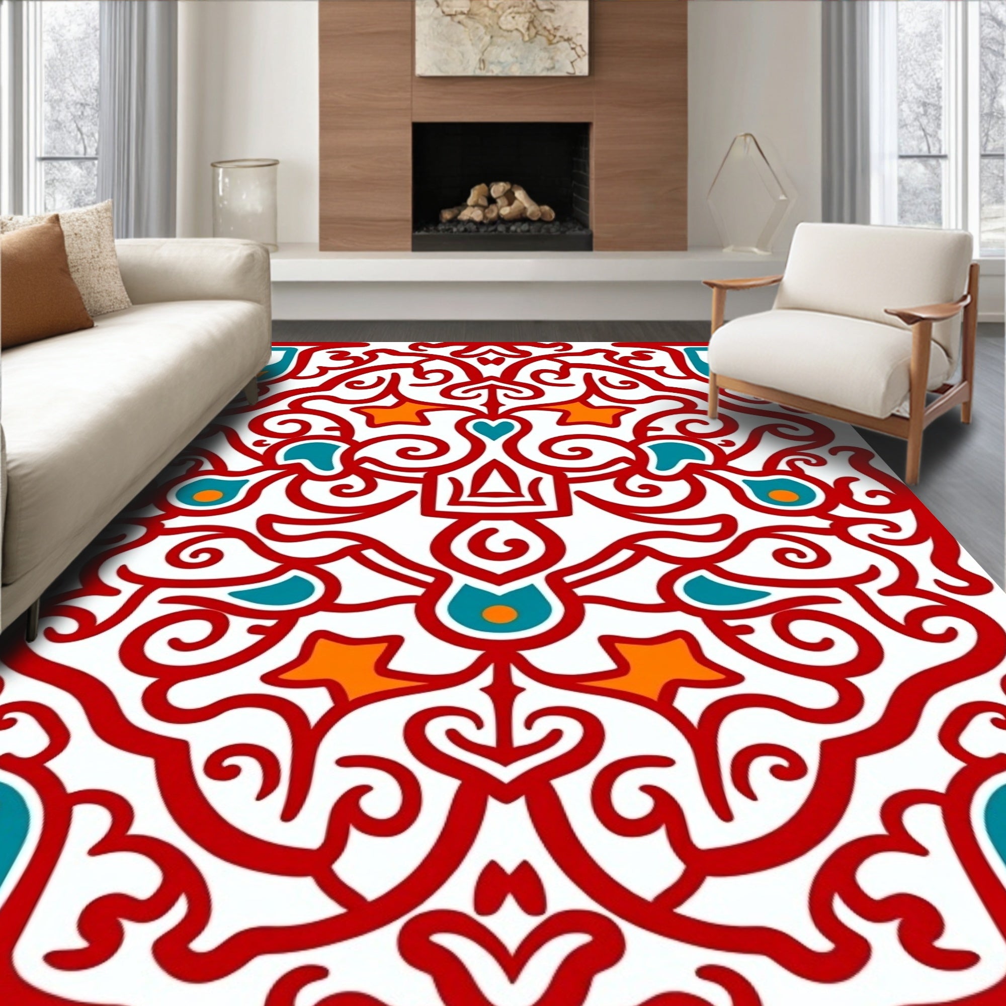 Red Teal Orange Flourish Pattern Rug