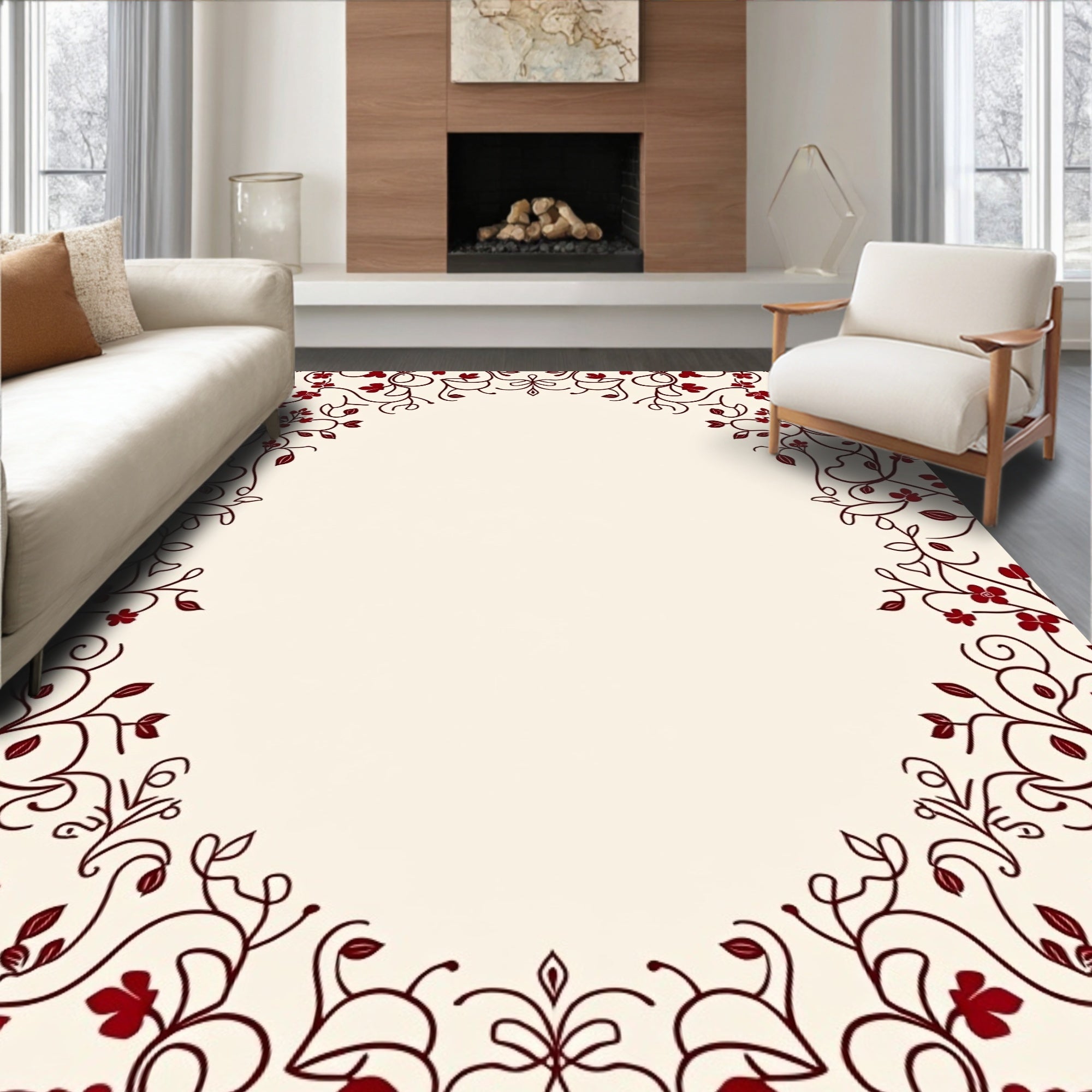Maroon Floral Vine Pattern Rug