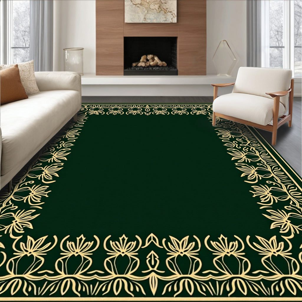 Elegant Cream Floral Border Green Rug