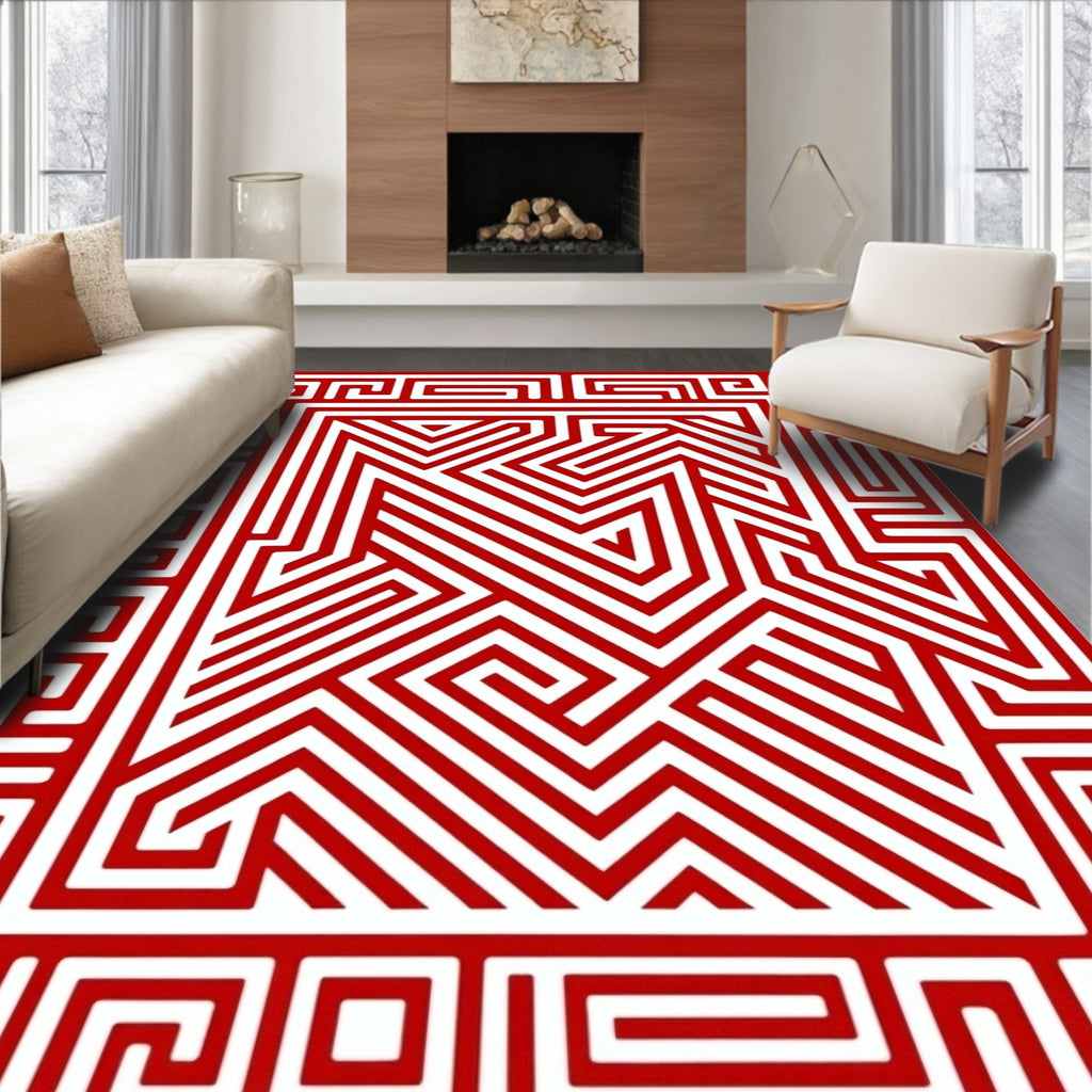 Bold Red Geometric Labyrinth Pattern Rug
