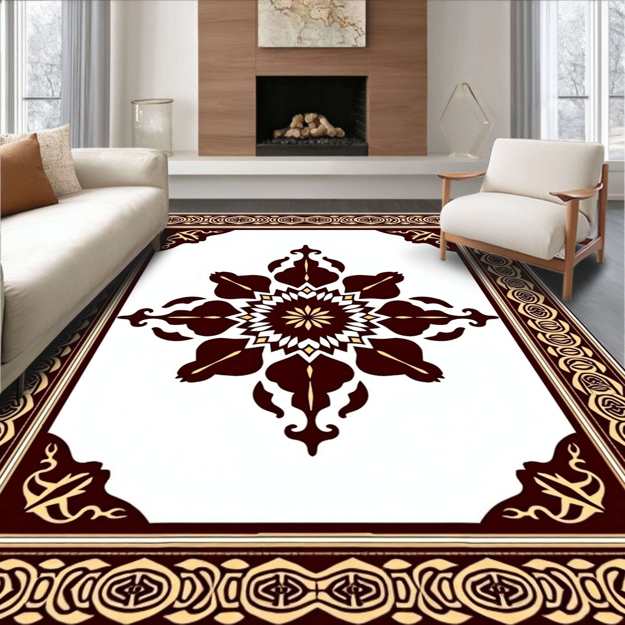 Rich Maroon Gold Floral Frame Rug