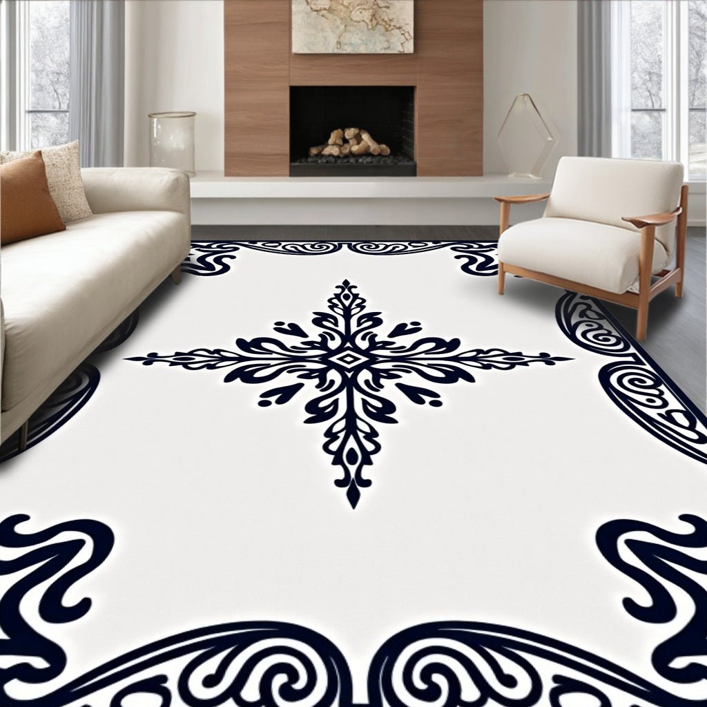 Classic Black And White Medallion Ornament Rug