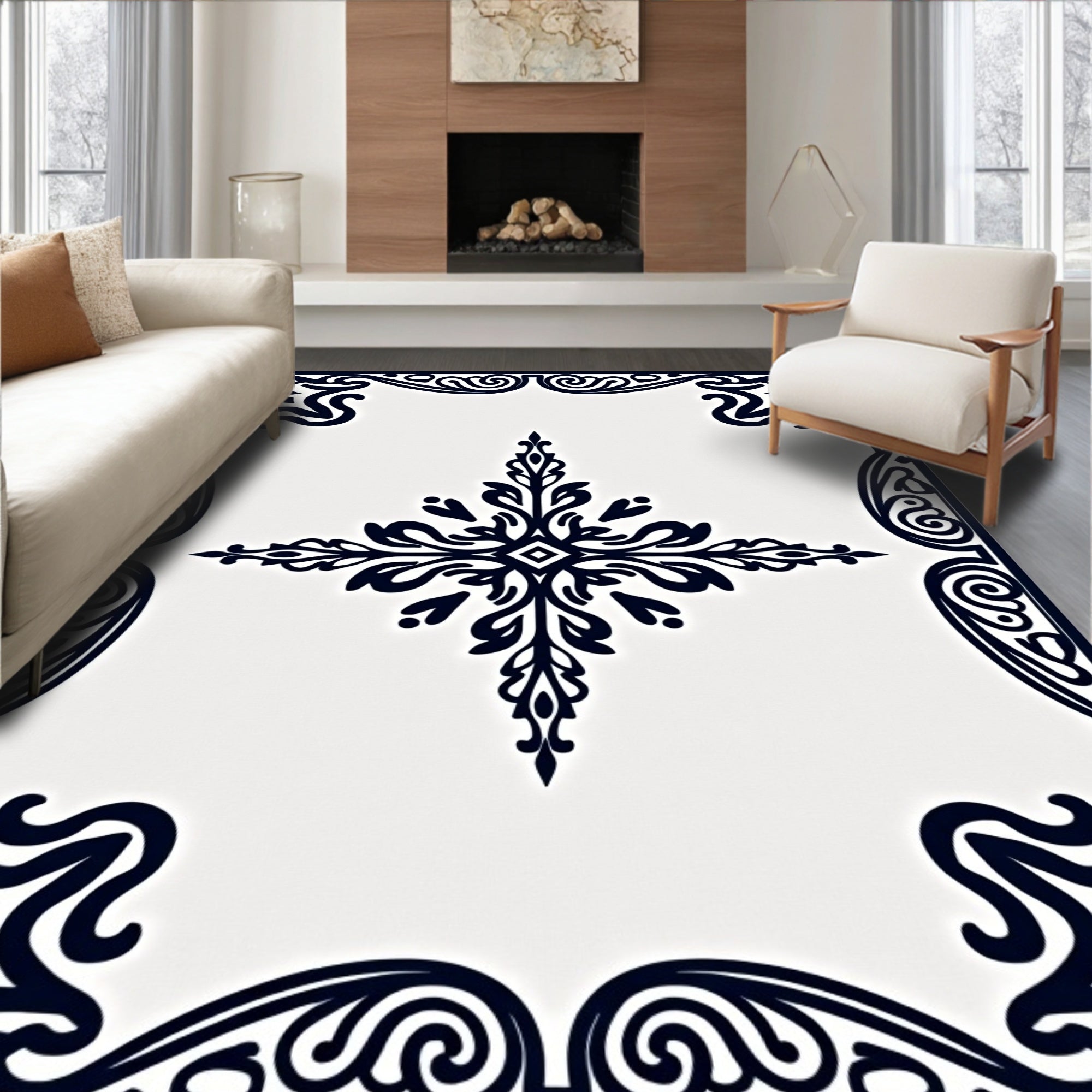 Classic Black And White Medallion Ornament Rug