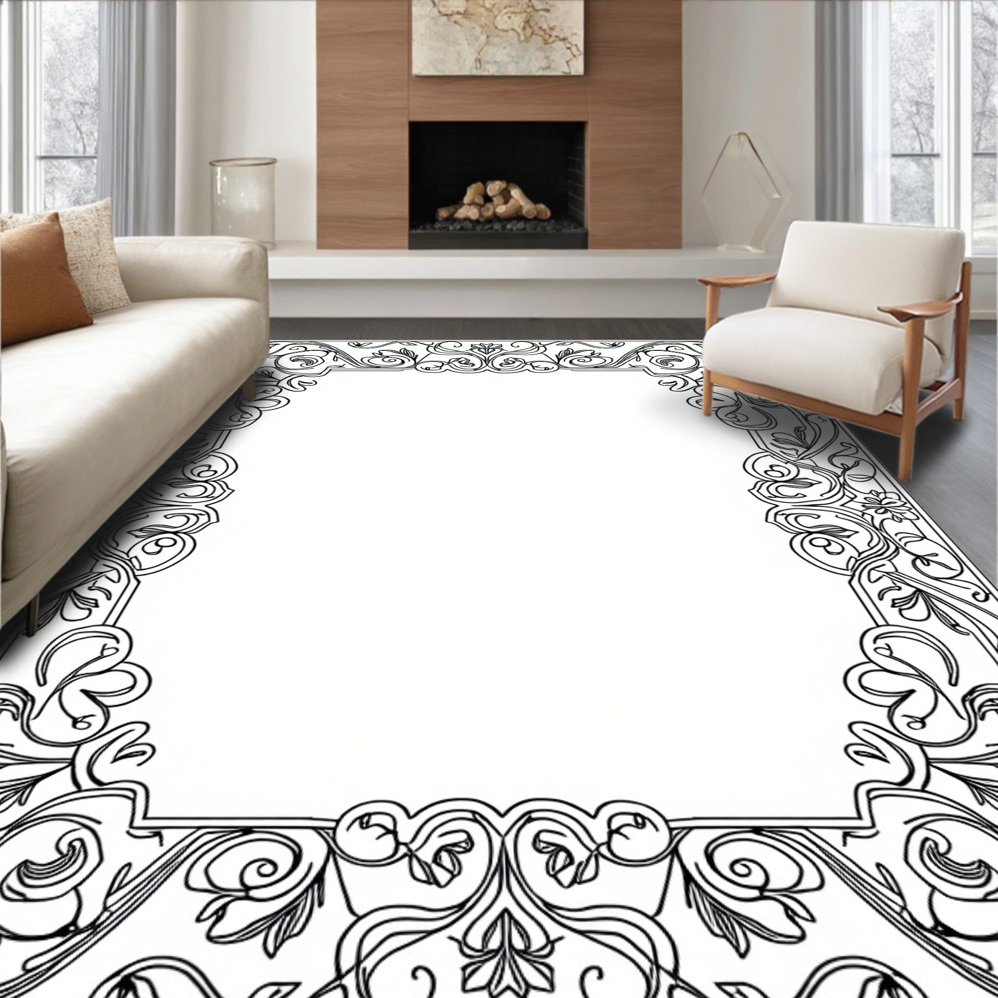 Victorian Floral Swirl Frame Design Rug