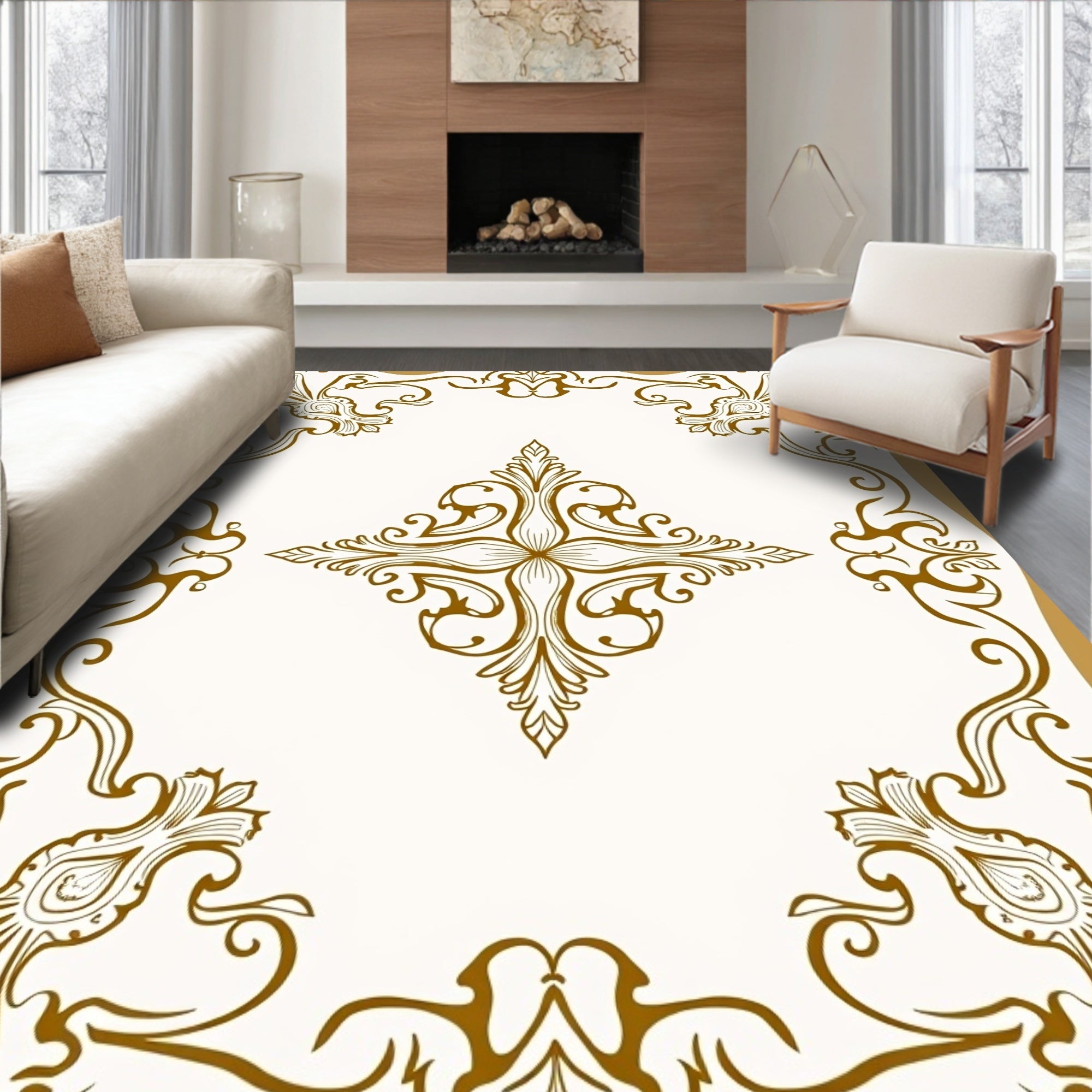 Ornate Floral Symmetry Scrollwork Design Rug