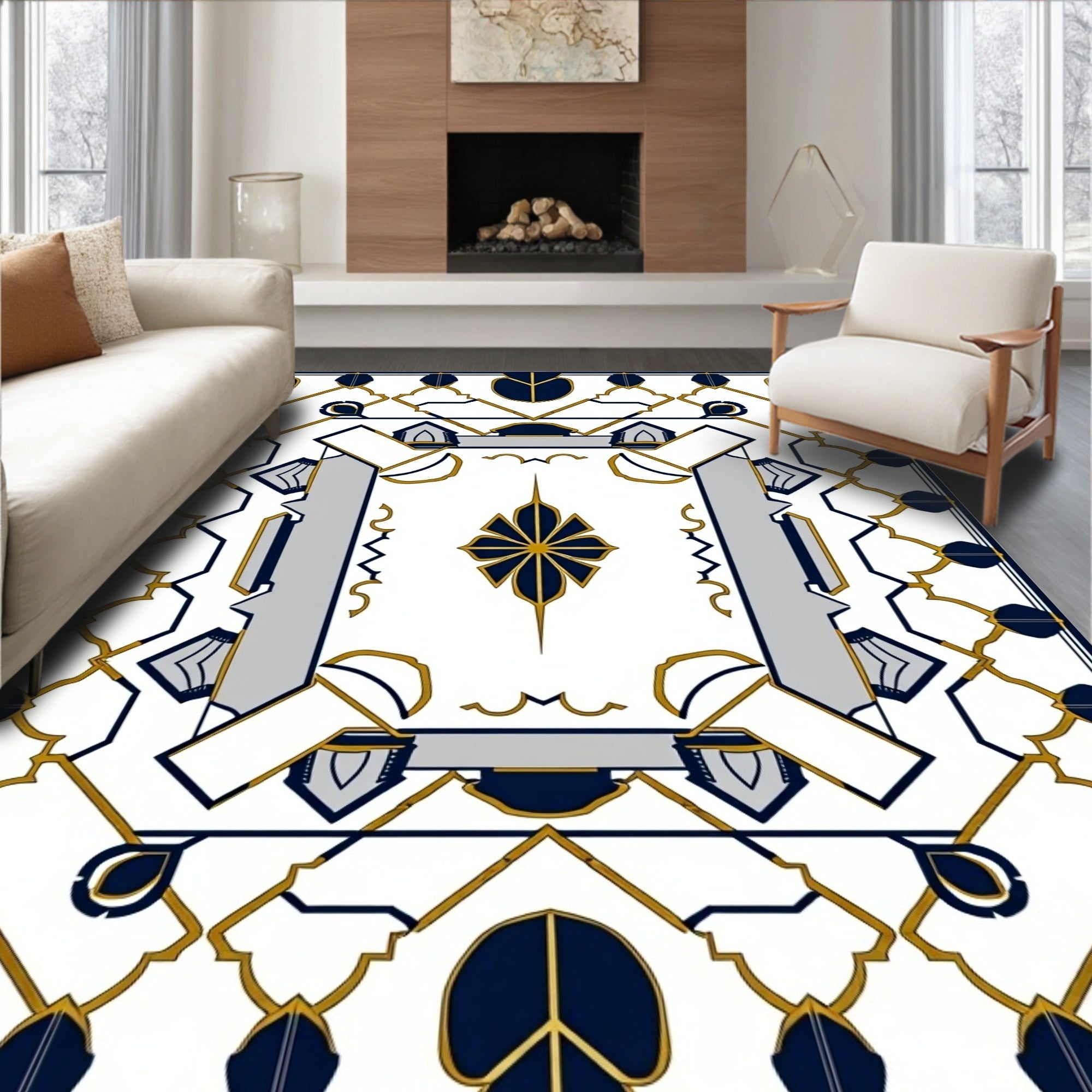 Geometric Symmetry Navy Gold Design Rug