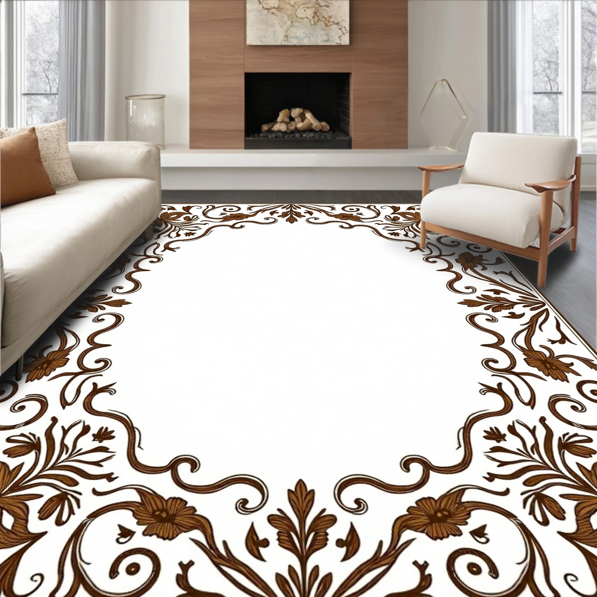 Brown Floral Scroll Decorative Rug