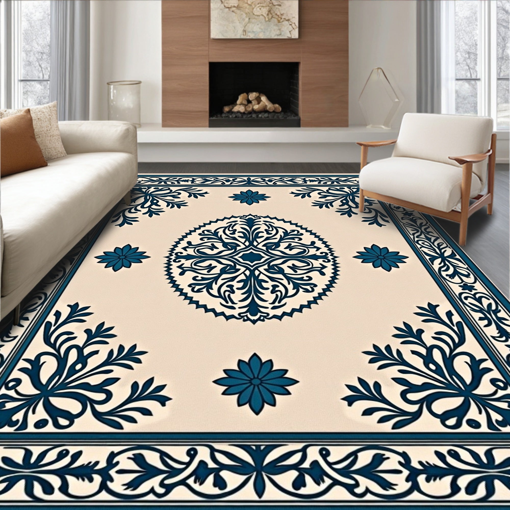 Classic Blue Floral Border Medallion Design Rug