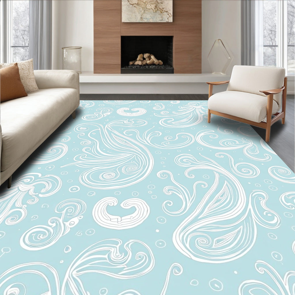 Light Blue White Swirl Floral Pattern Rug