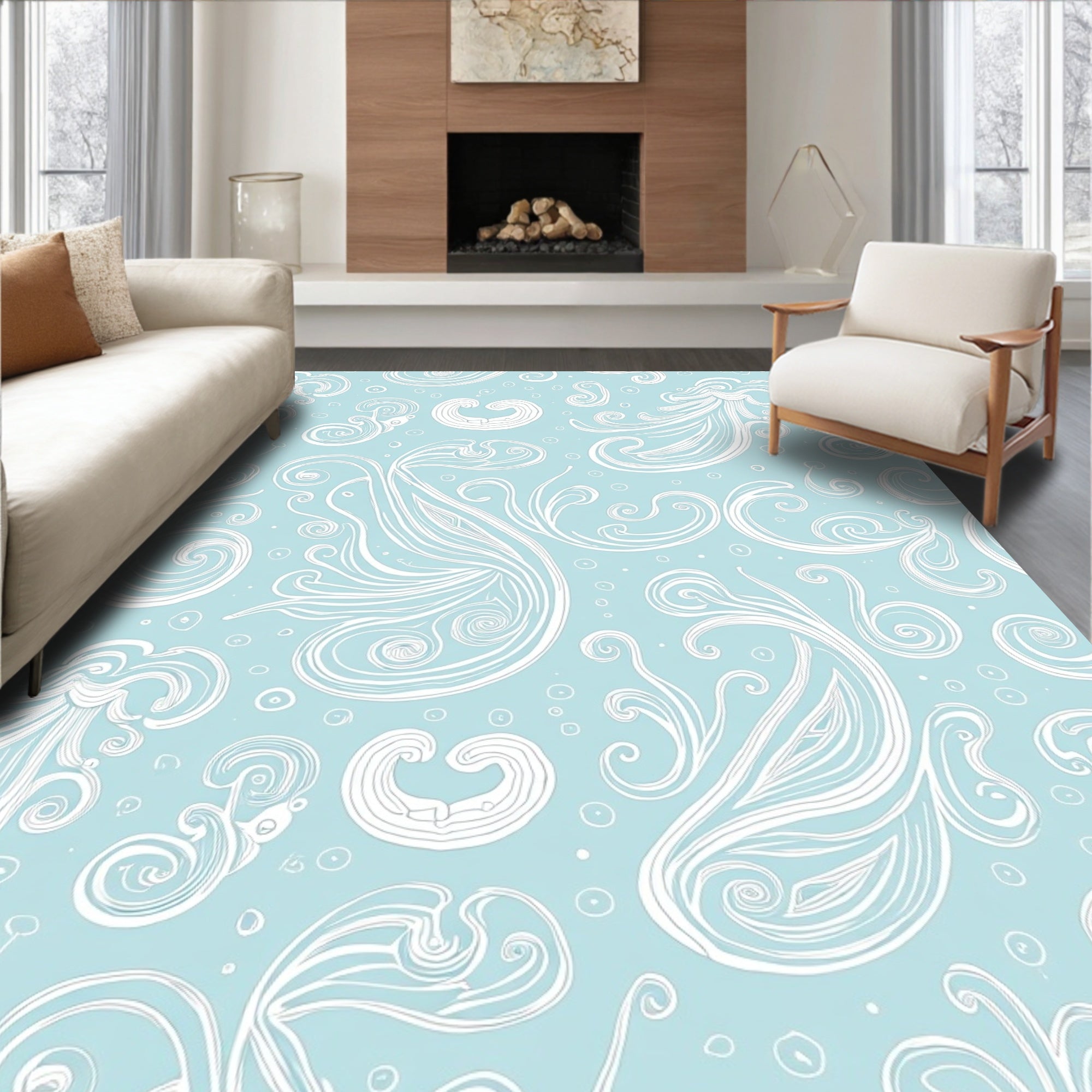 Light Blue White Swirl Floral Pattern Rug