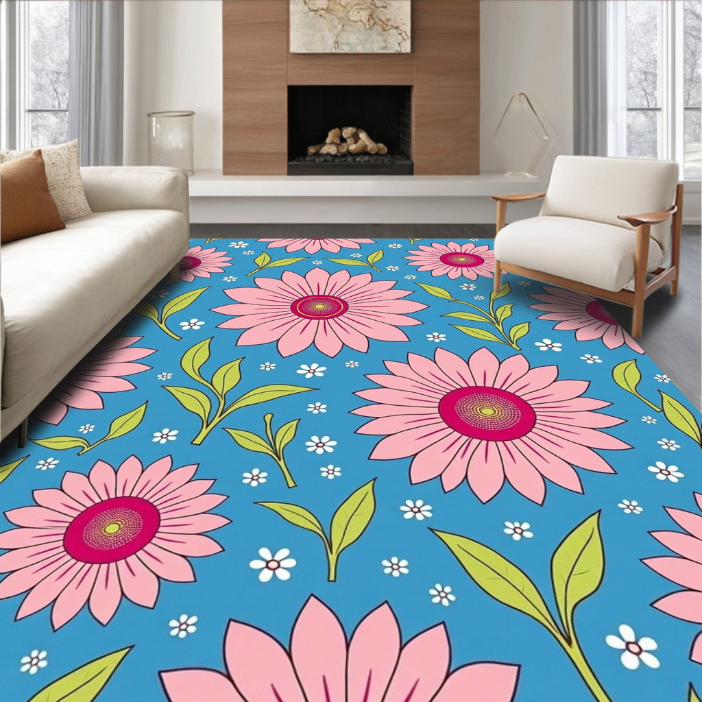 Pink Daisy Pattern With Green Leaves Rug