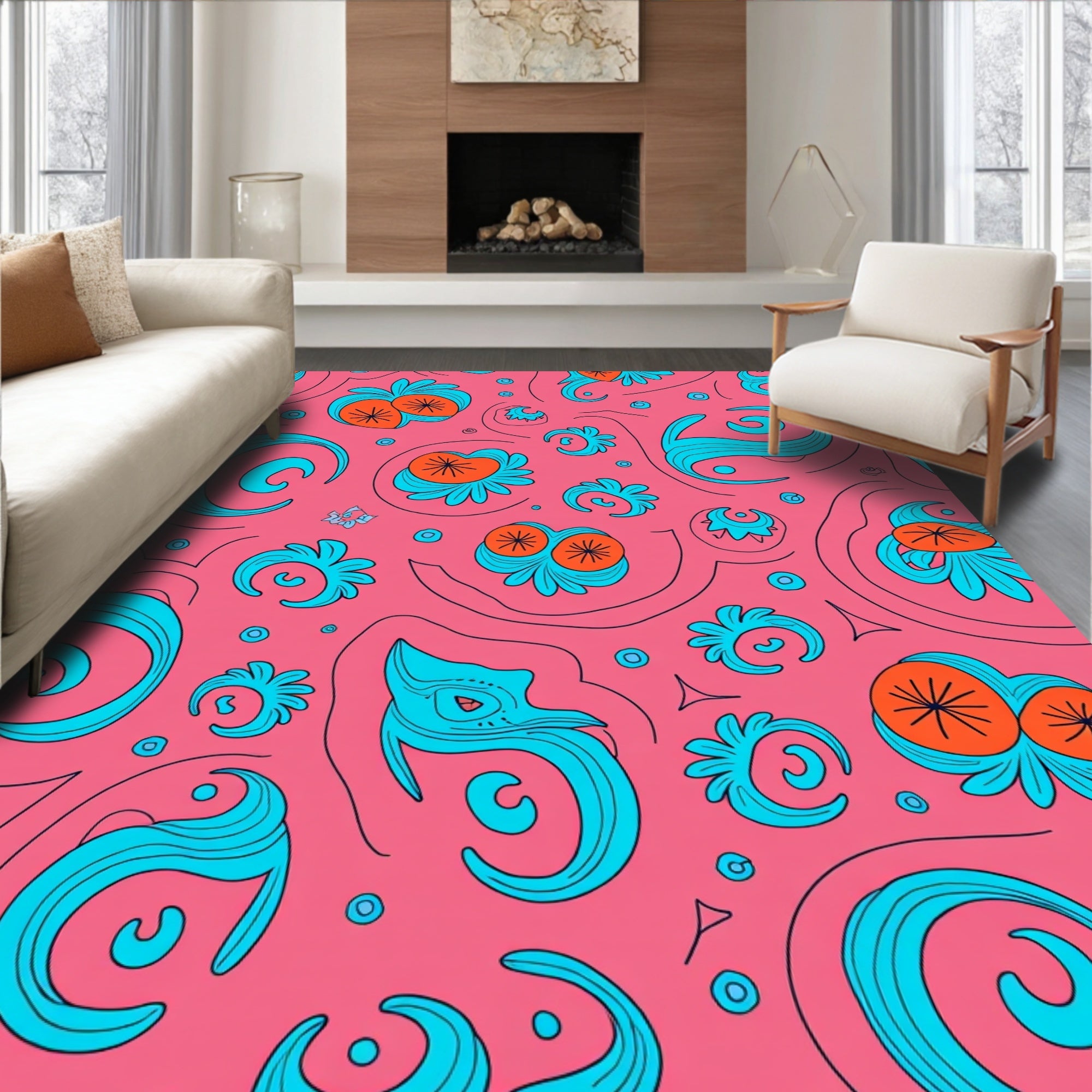 Whimsical Turquoise Swirl Floral Design Rug