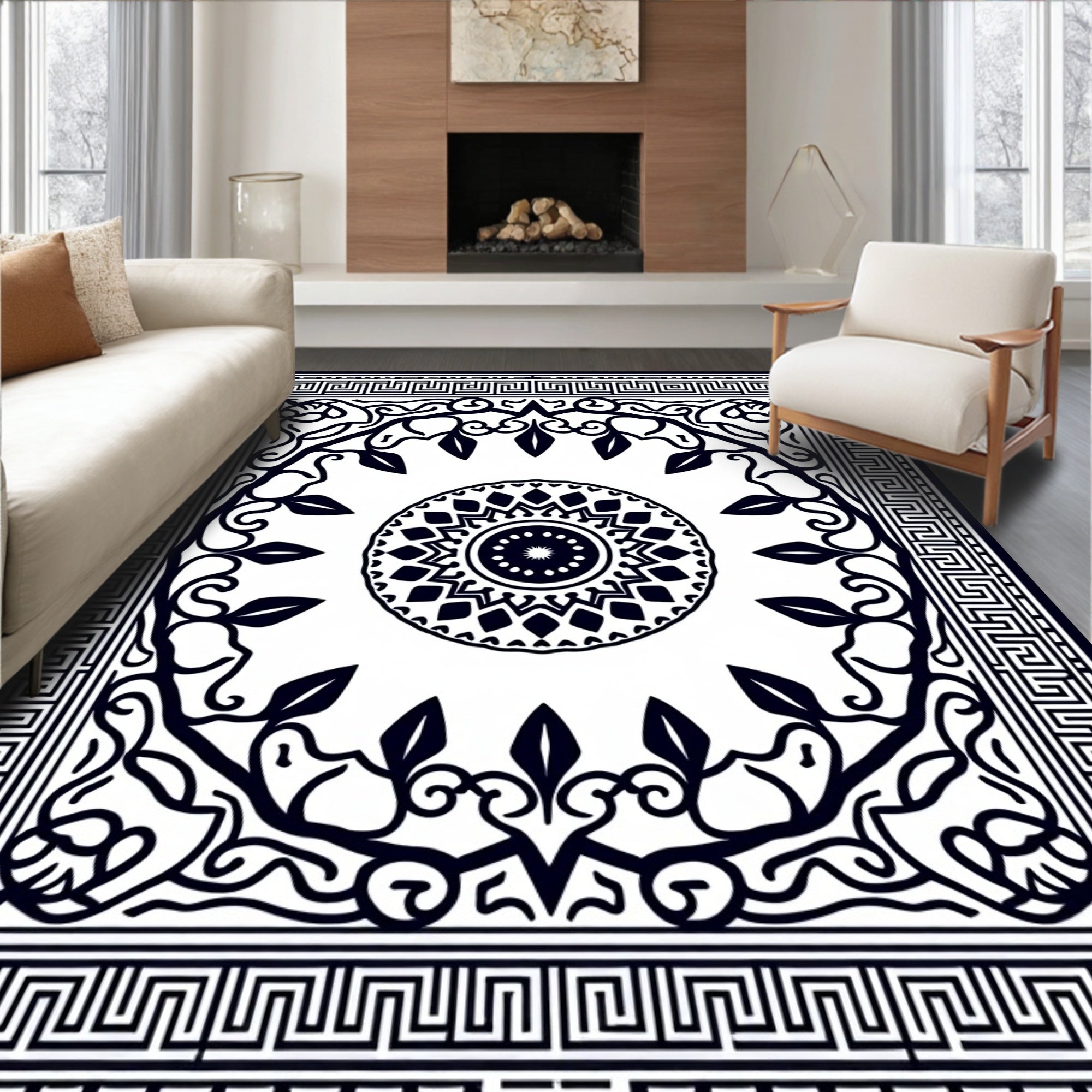 Black White Intricate Mandala Pattern Rug