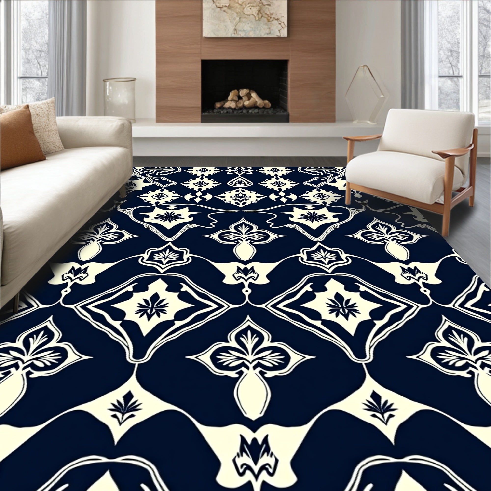 Elegant Navy Botanical Medallion Design Rug