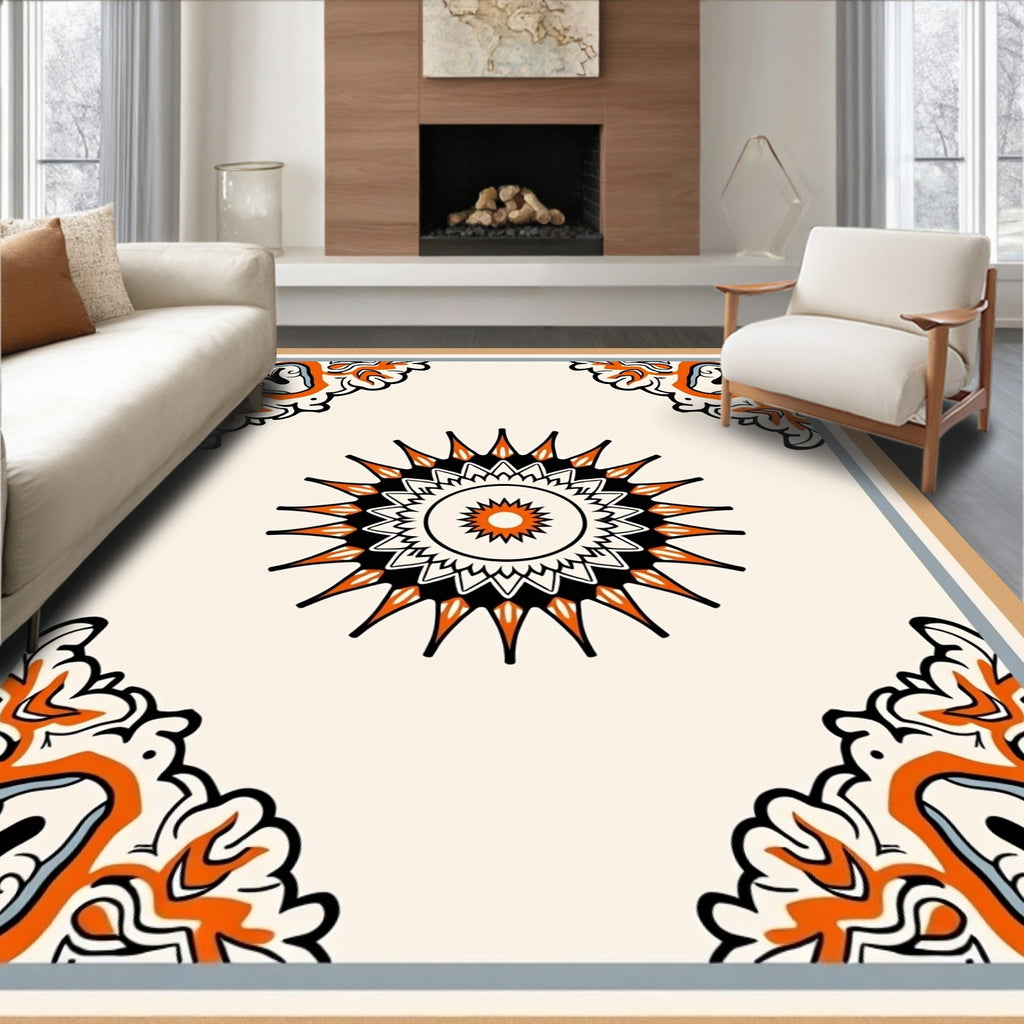 Orange Black Sunburst Mandala Tile Rug
