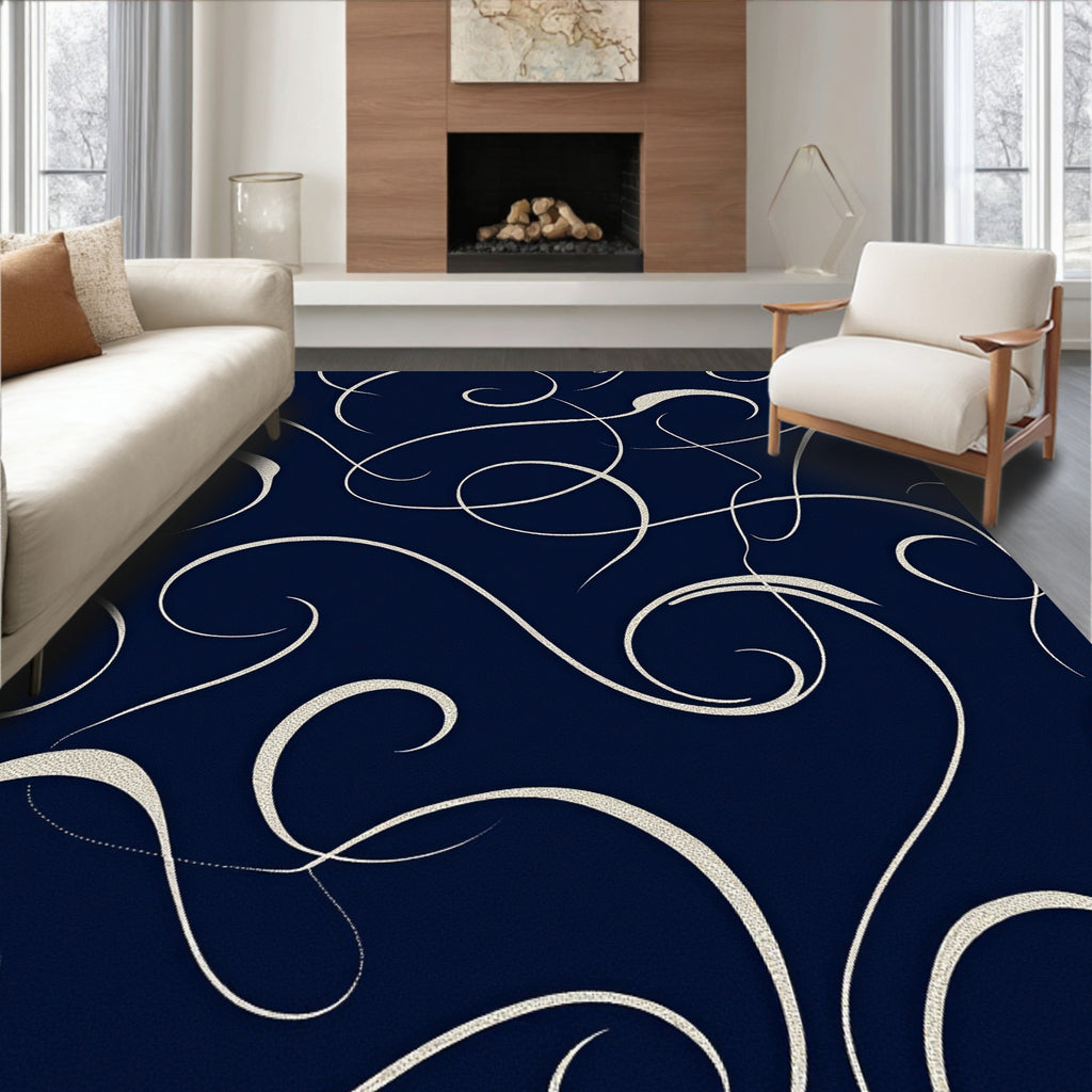 Elegant Swirl Pattern Navy Rug