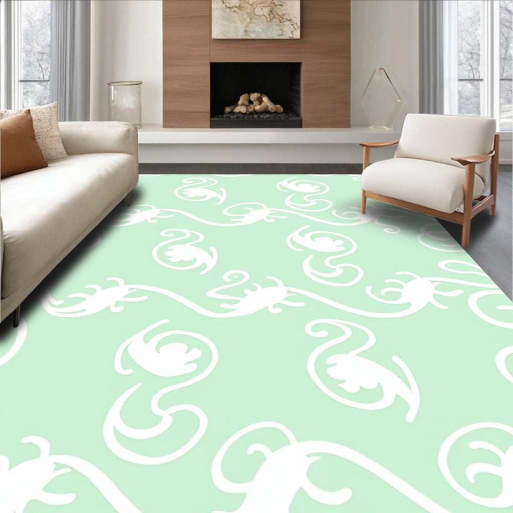 Mint Green Swirl Botanical Pattern Rug